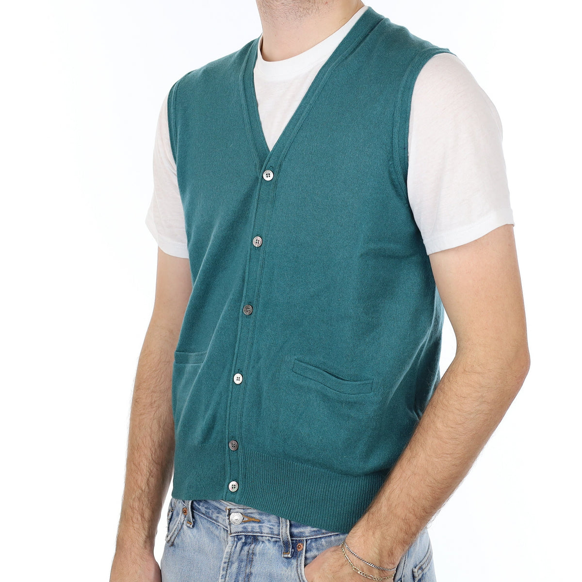 Men's Jade Green Cashmere V Neck Waistcoat Medium
