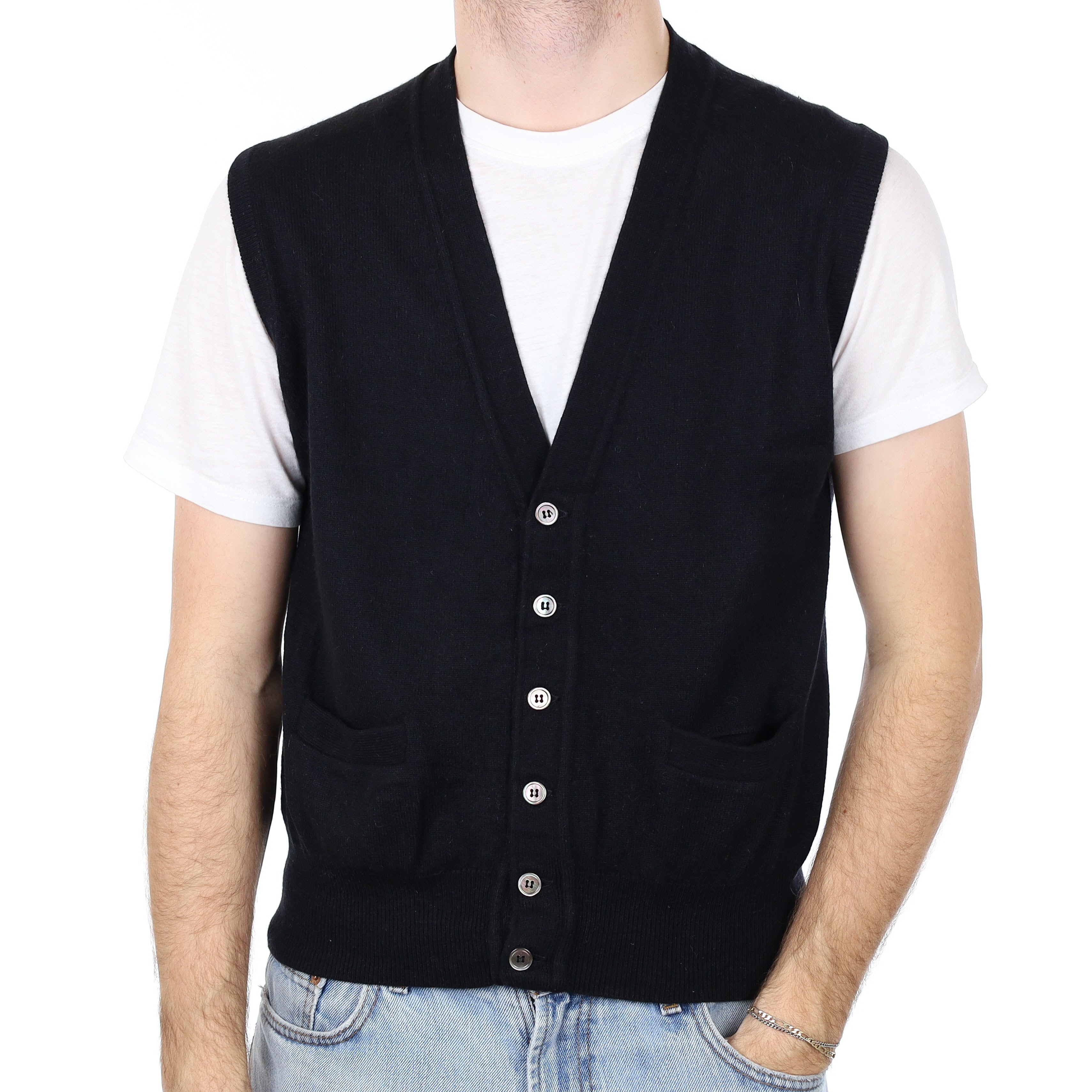 Men's Black Cashmere V Neck Waistcoat Medium