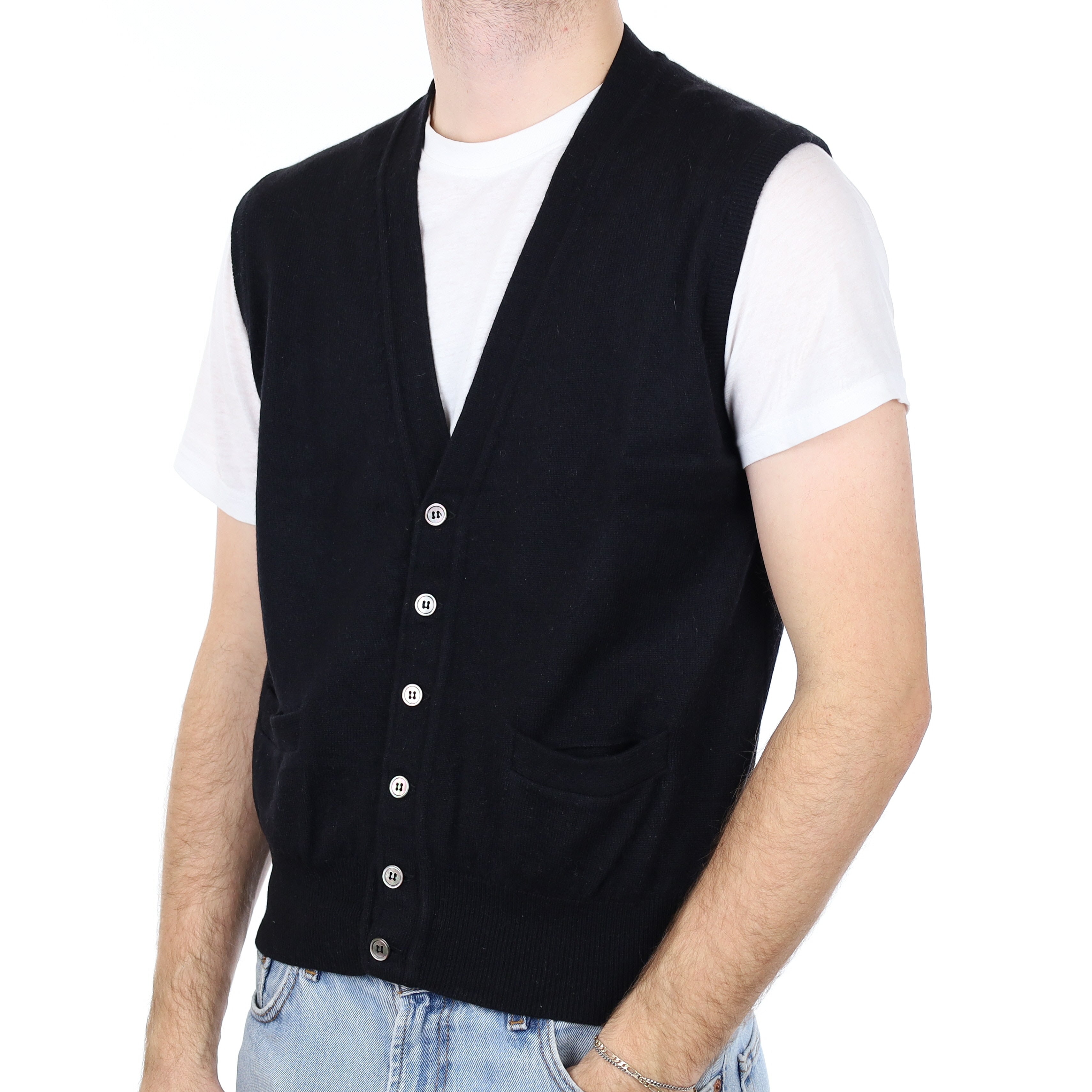Men's Black Cashmere V Neck Waistcoat Medium