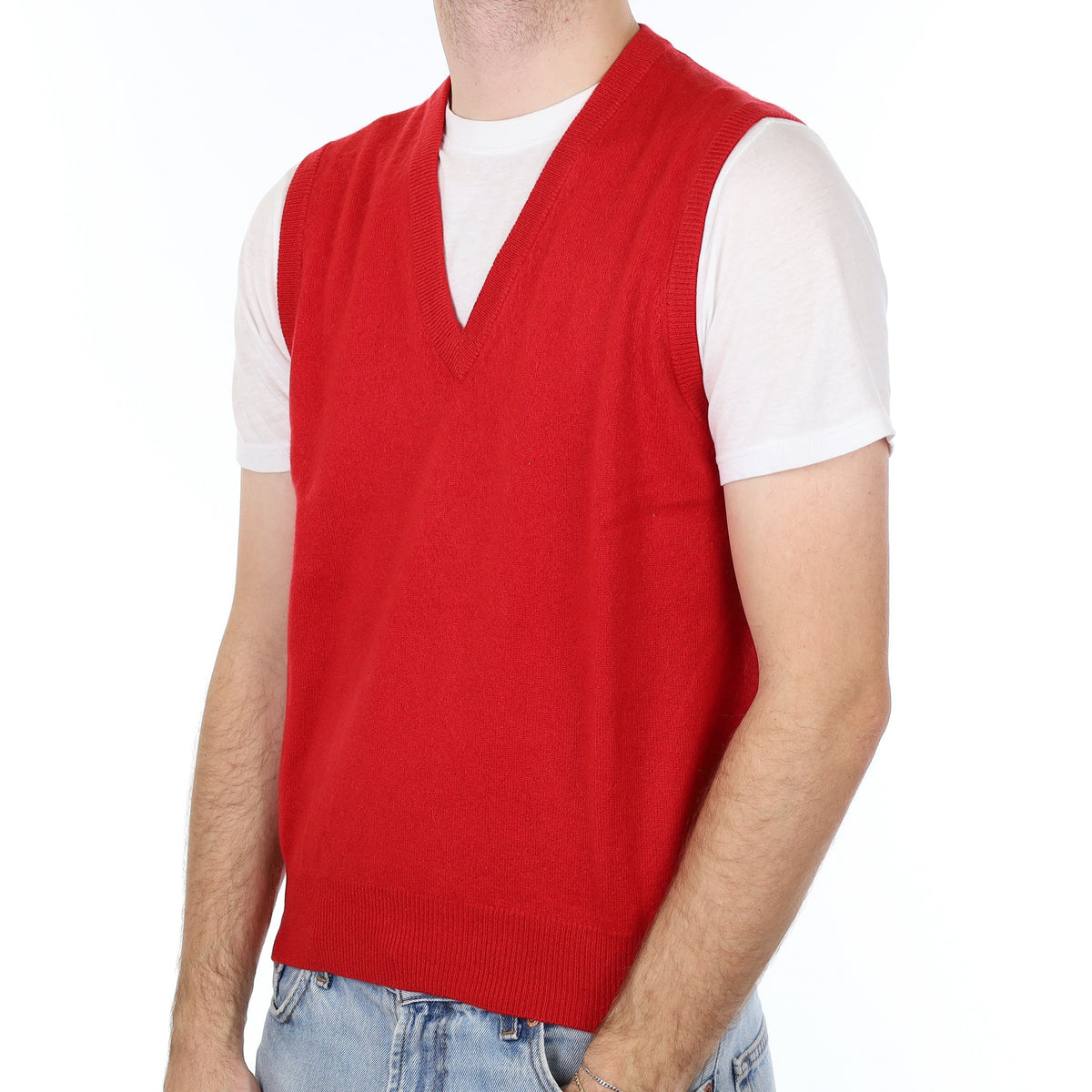 Men's Scarlett Red Cashmere V Neck Tank Top Medium