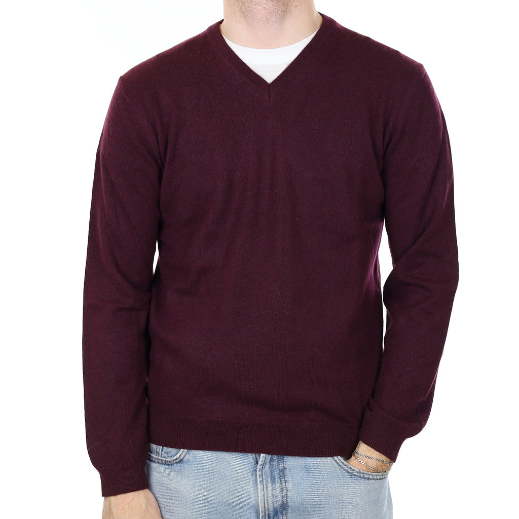 Men's Deep Aubergine Cashmere V Neck Jumper Medium