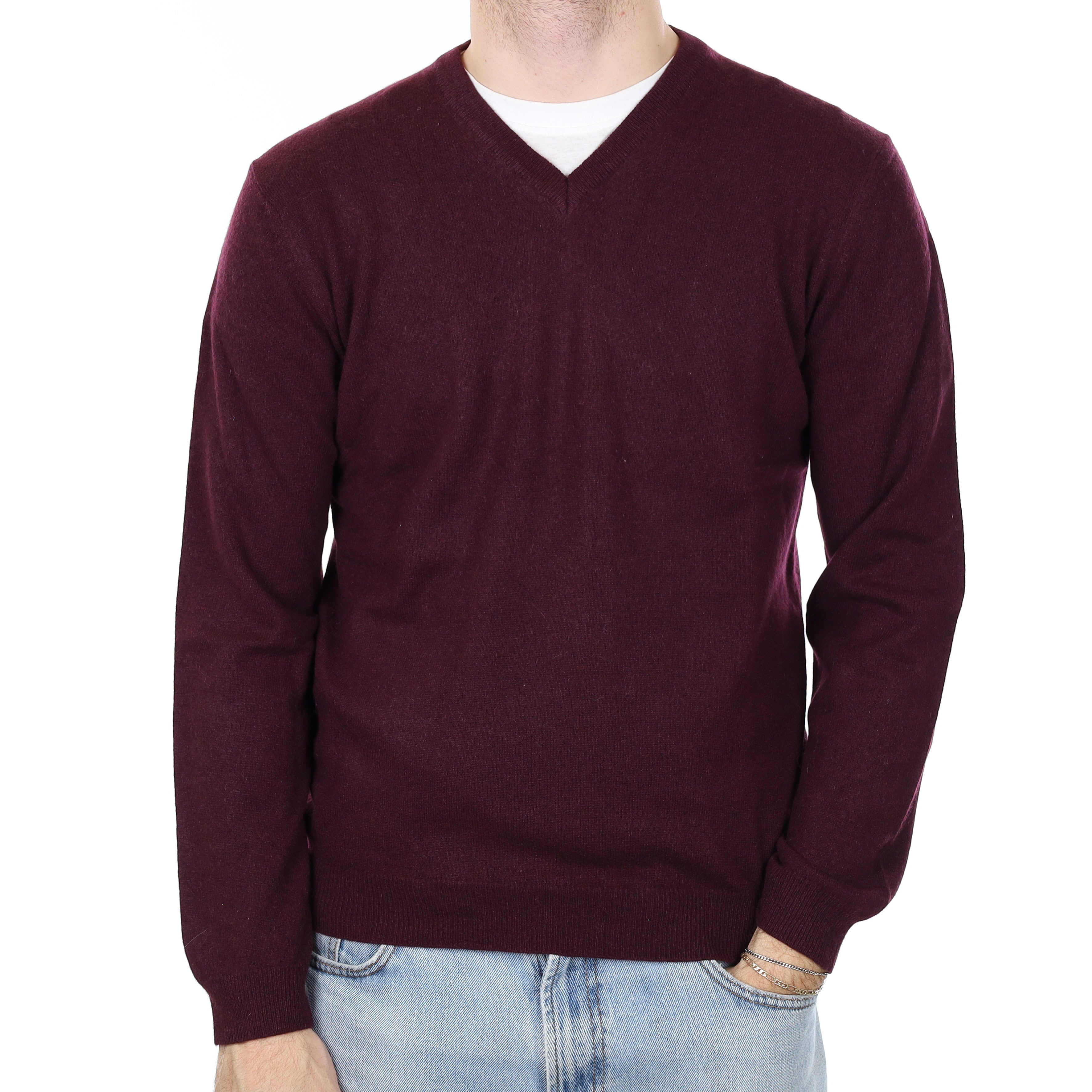 Men's Deep Aubergine Cashmere V Neck Jumper Medium