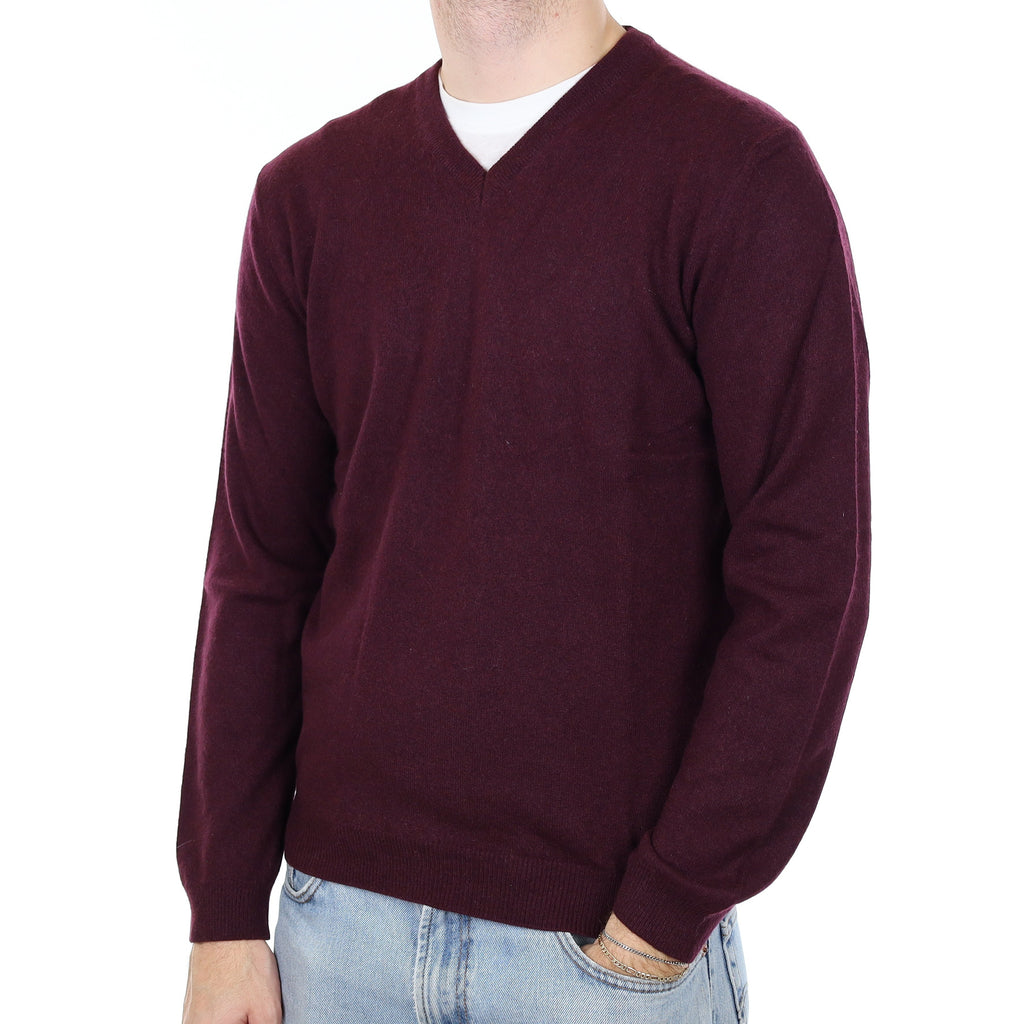 Men's Deep Aubergine Cashmere V Neck Jumper Medium