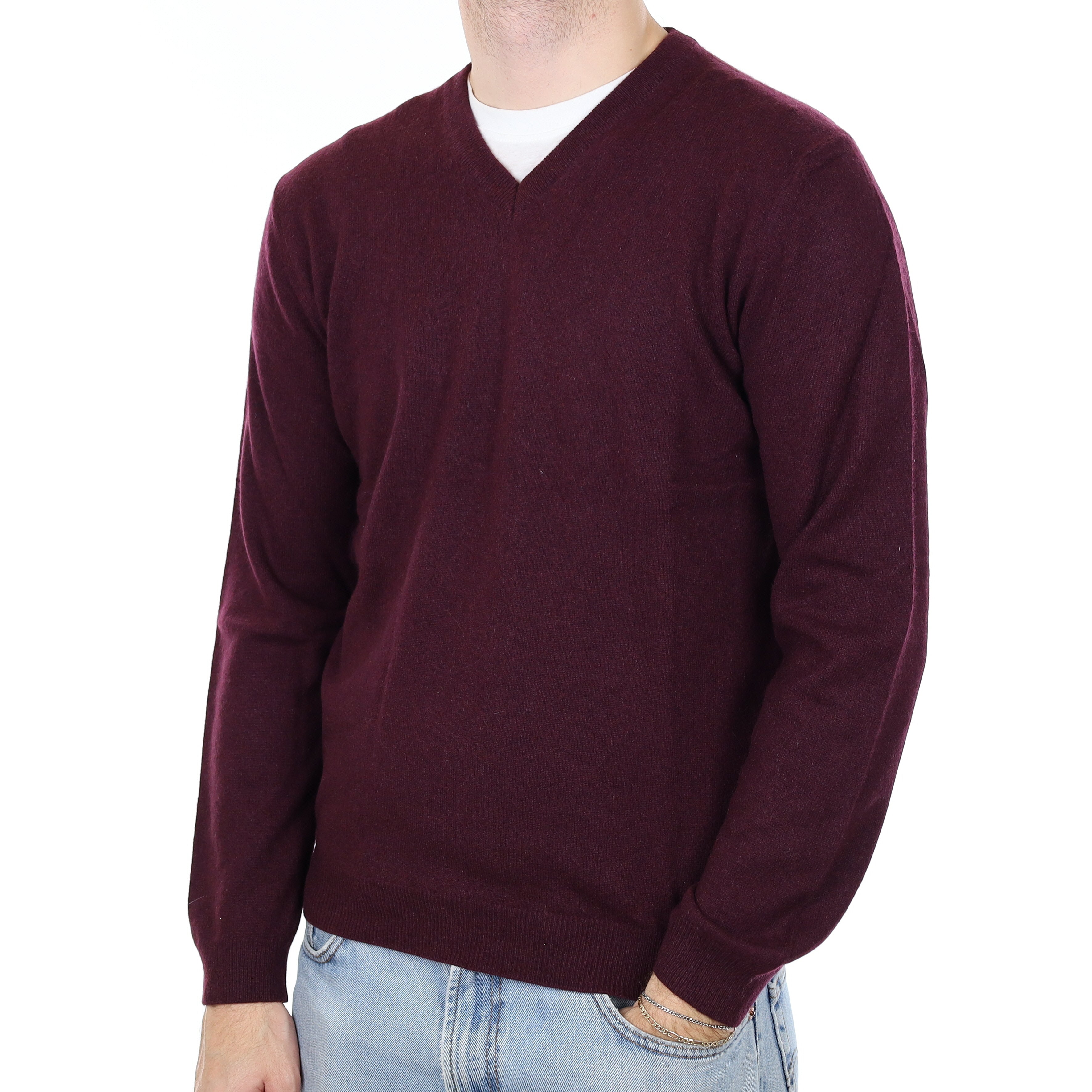 Men's Deep Aubergine Cashmere V Neck Jumper Medium