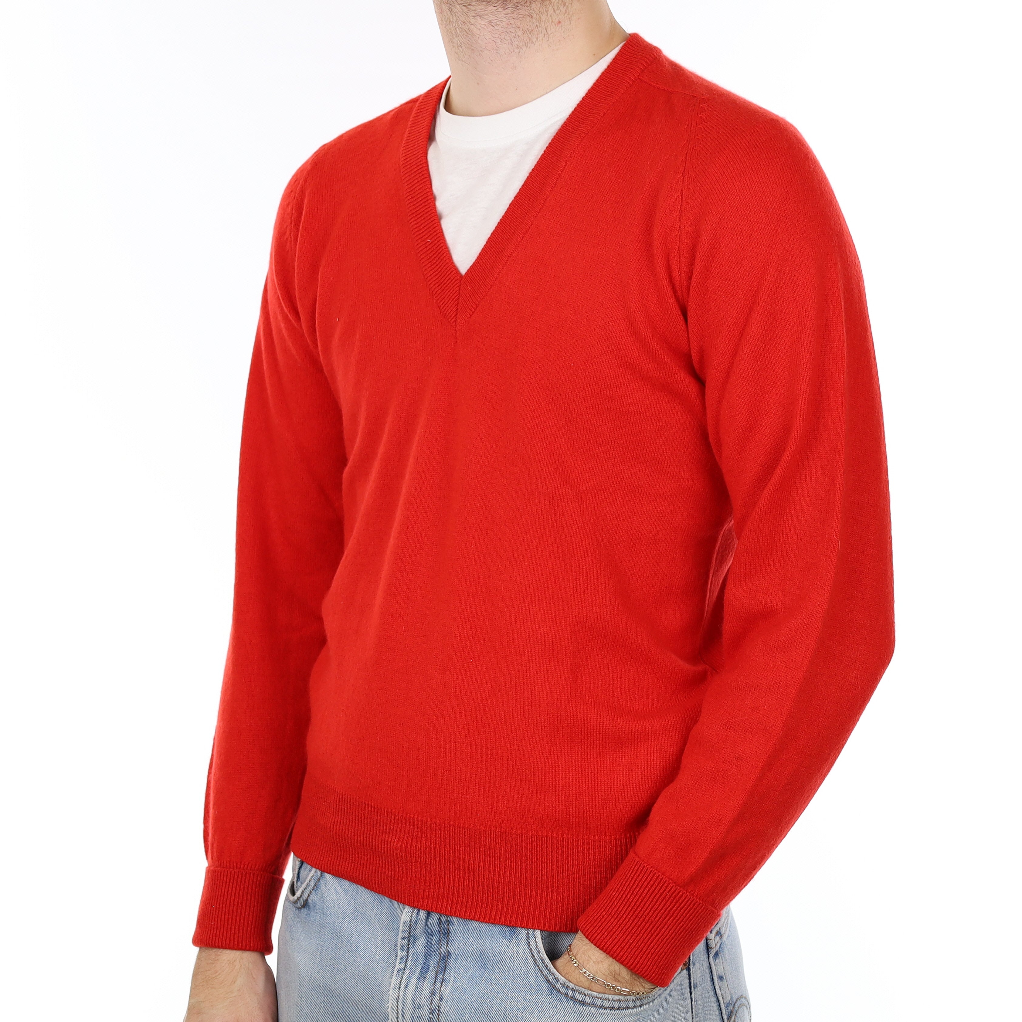 Men's Poppy Red Cashmere V Neck Jumper Medium