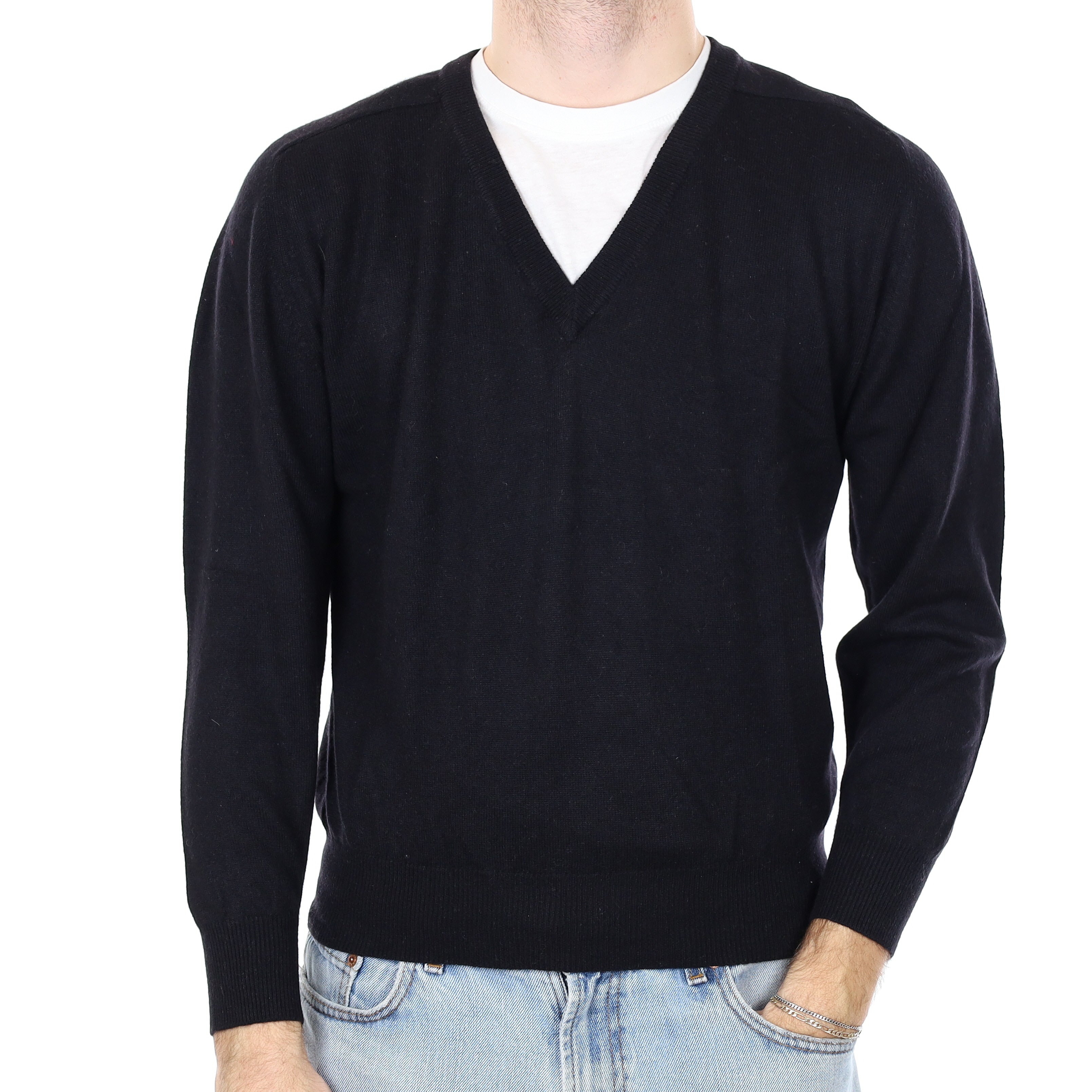 Men's Black Cashmere V Neck Jumper Medium