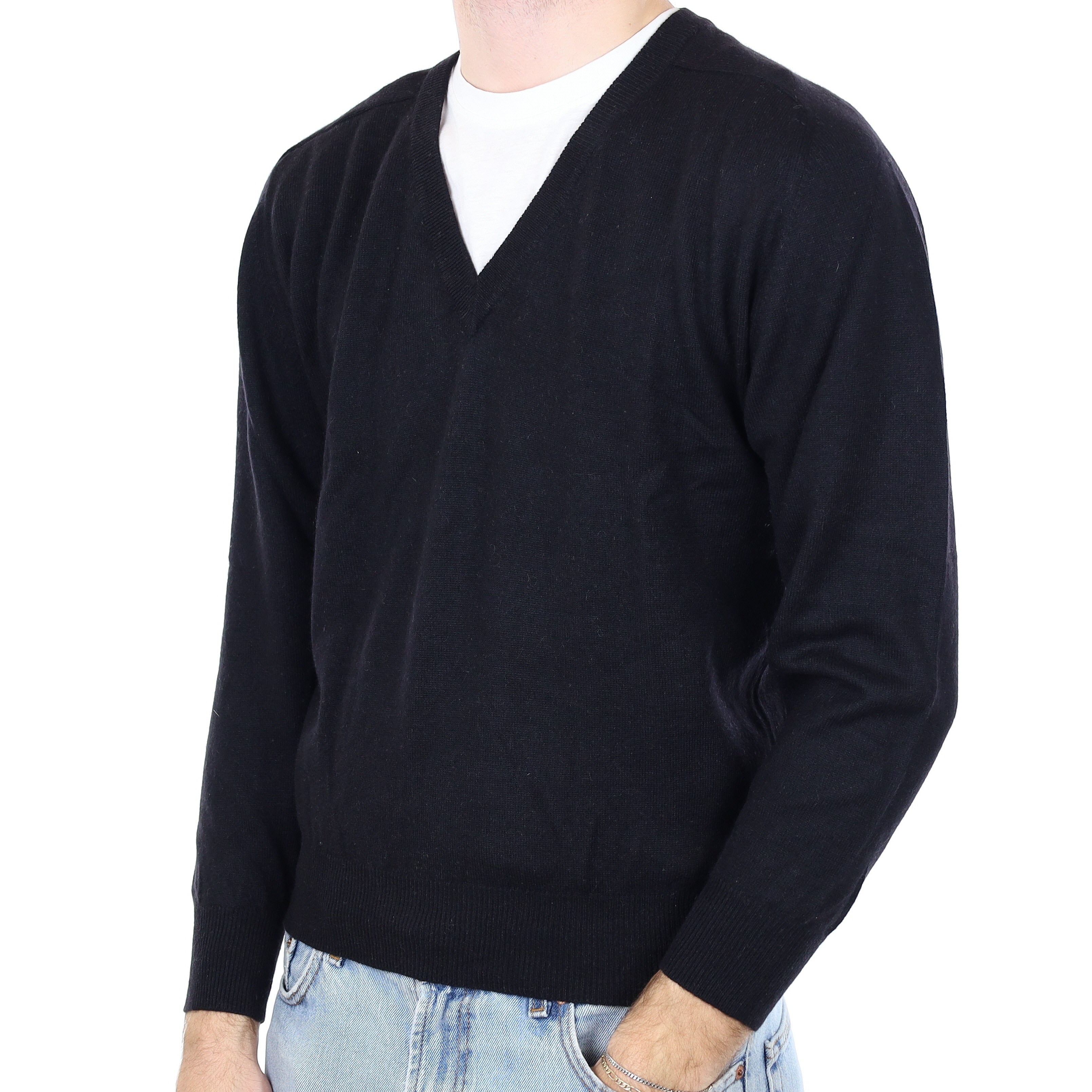 Men's Black Cashmere V Neck Jumper Medium