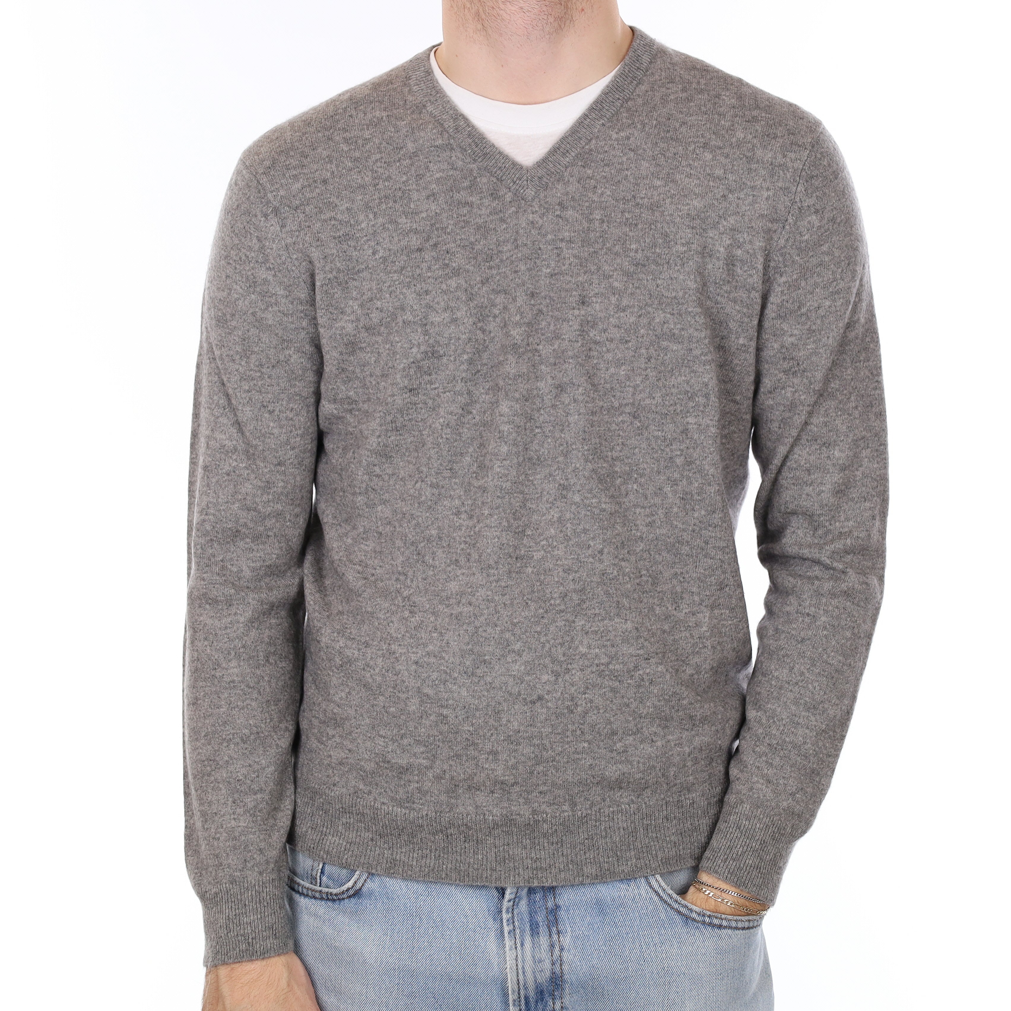 Men's Smoke Grey Cashmere V Neck Jumper Medium