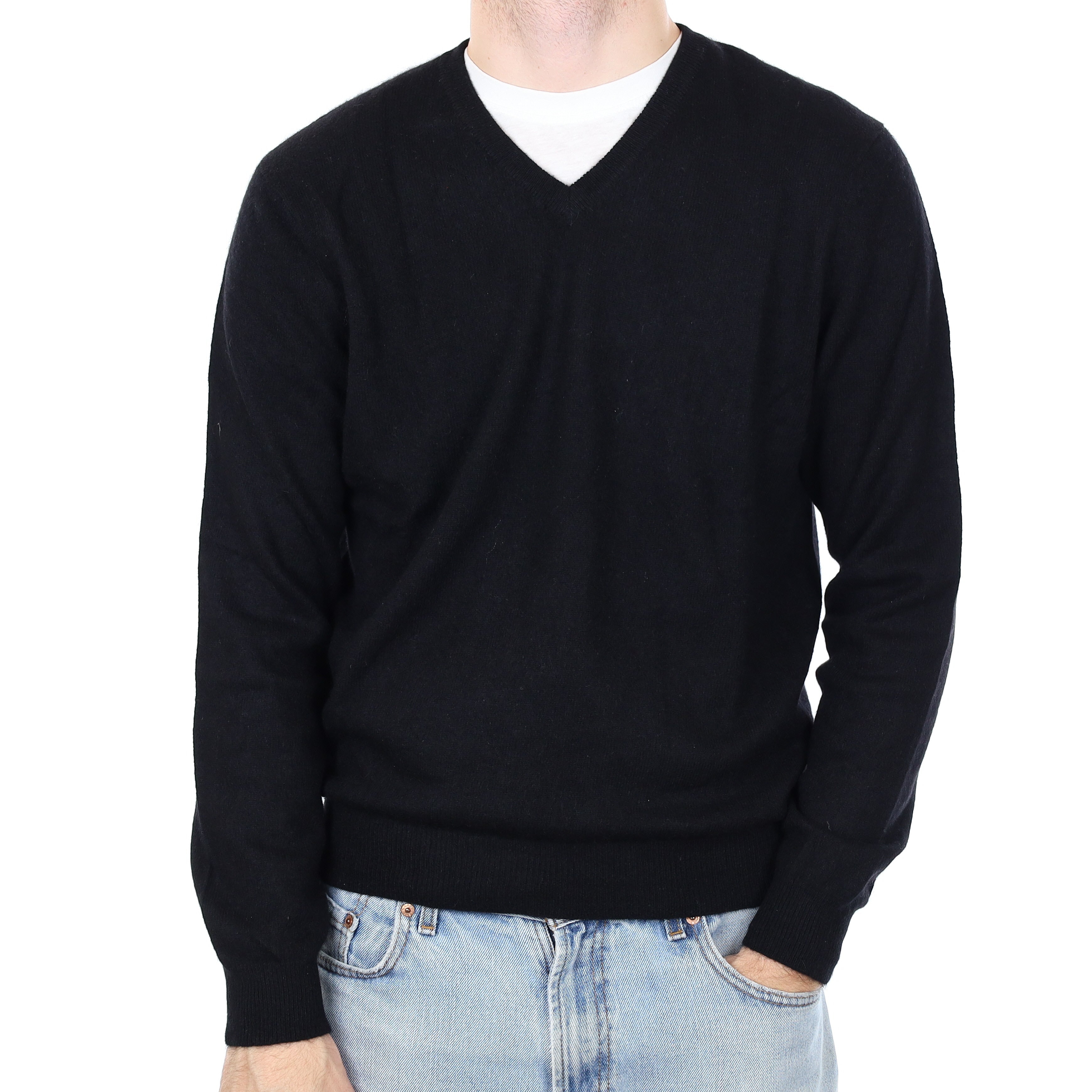 Men's Black Cashmere V Neck Jumper Medium