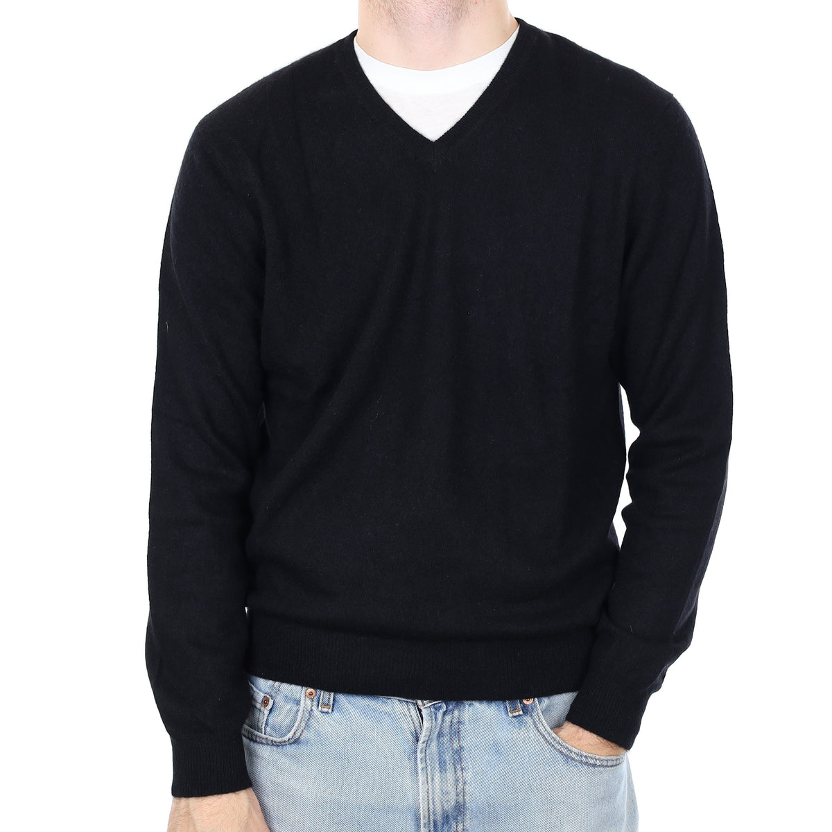 Men's Black Cashmere V Neck Jumper Medium
