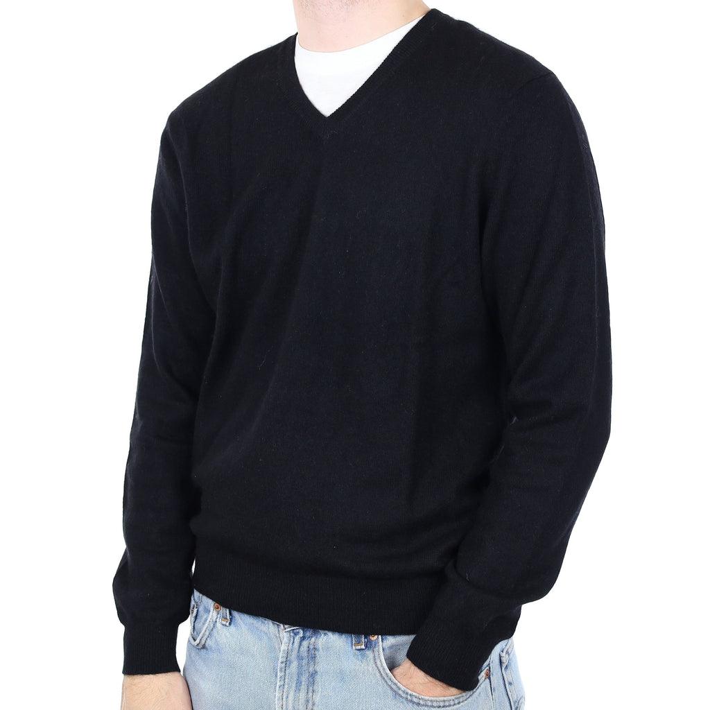 Men's Black Cashmere V Neck Jumper Medium