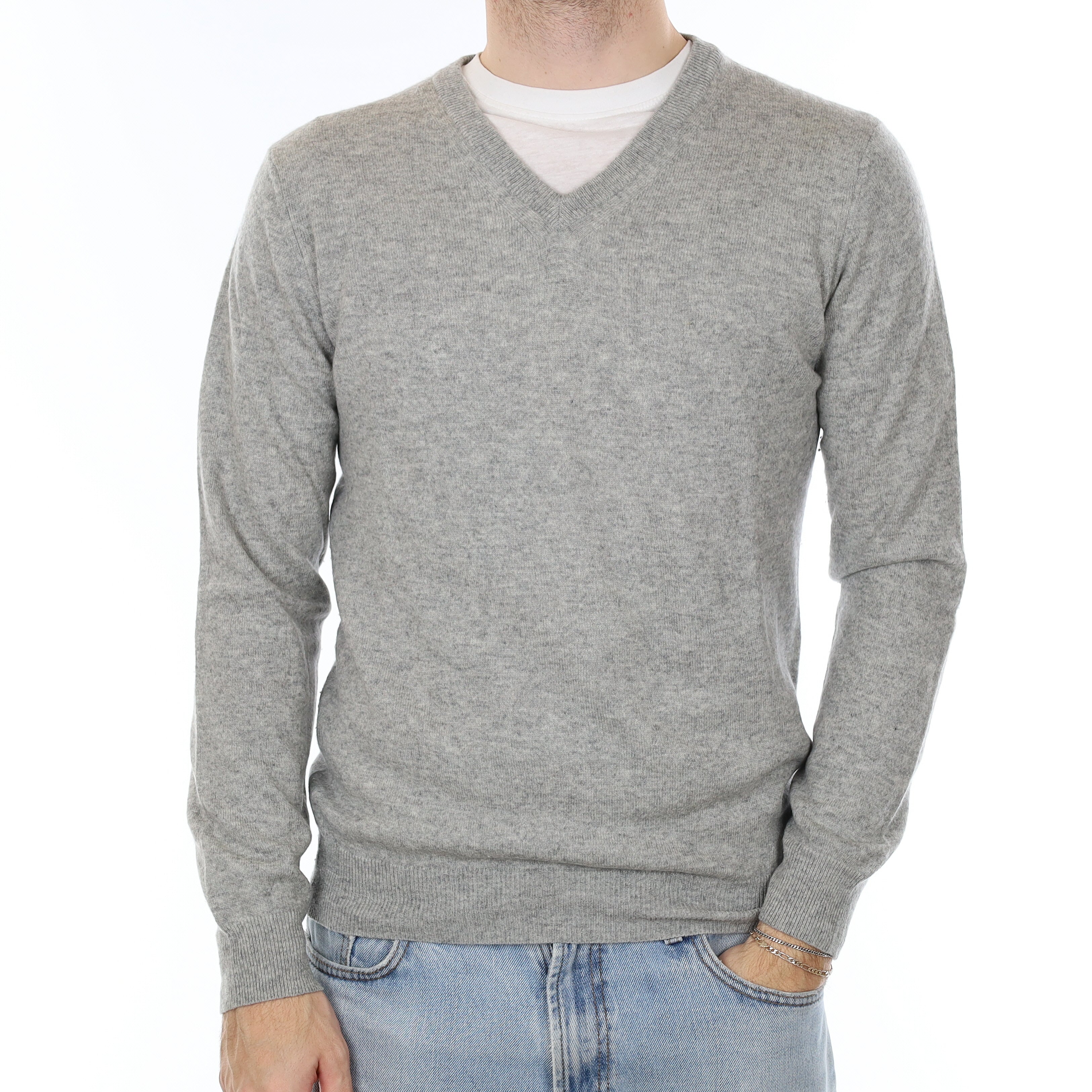 Men's Smoke Grey Cashmere V Neck Jumper Medium