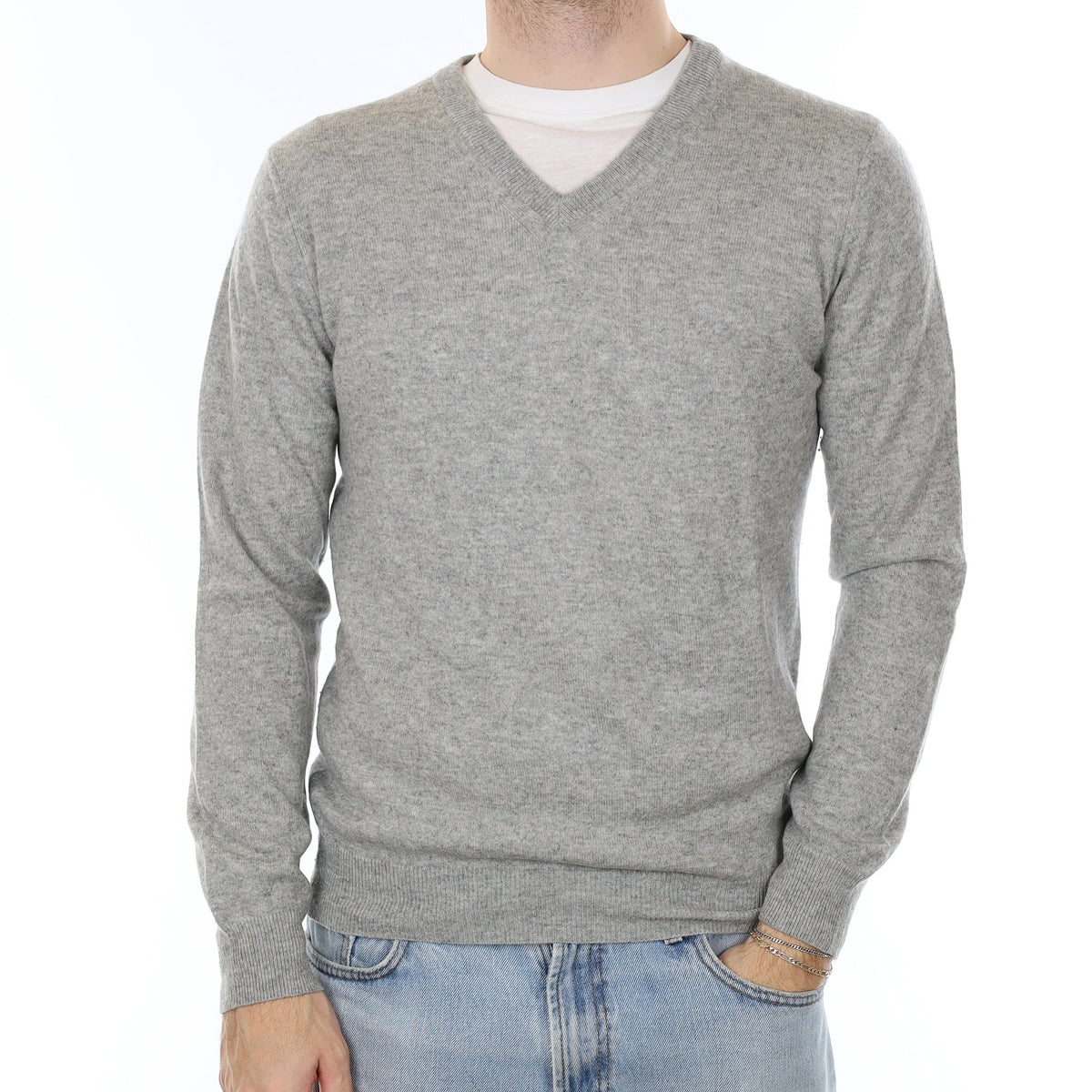Men's Smoke Grey Cashmere V Neck Jumper Medium