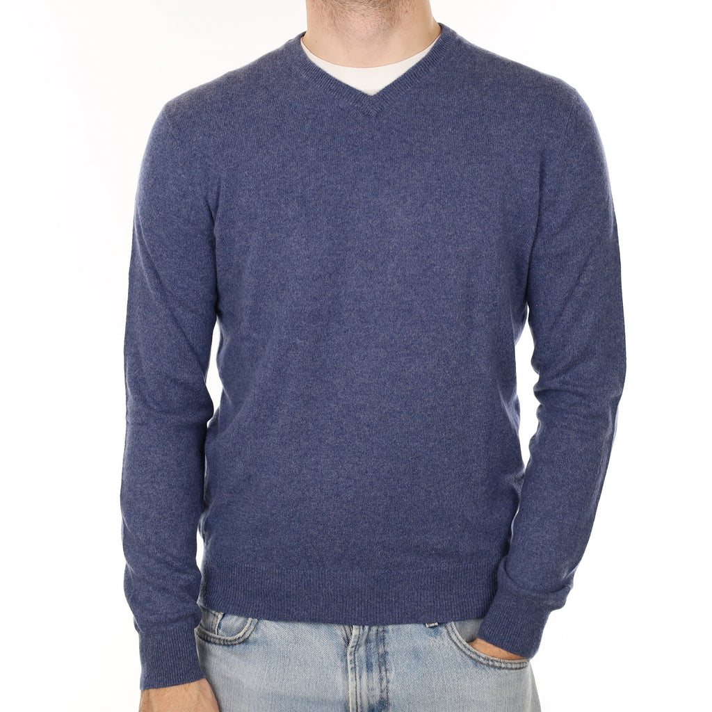 Men's Denim Blue Cashmere V Neck Jumper Medium