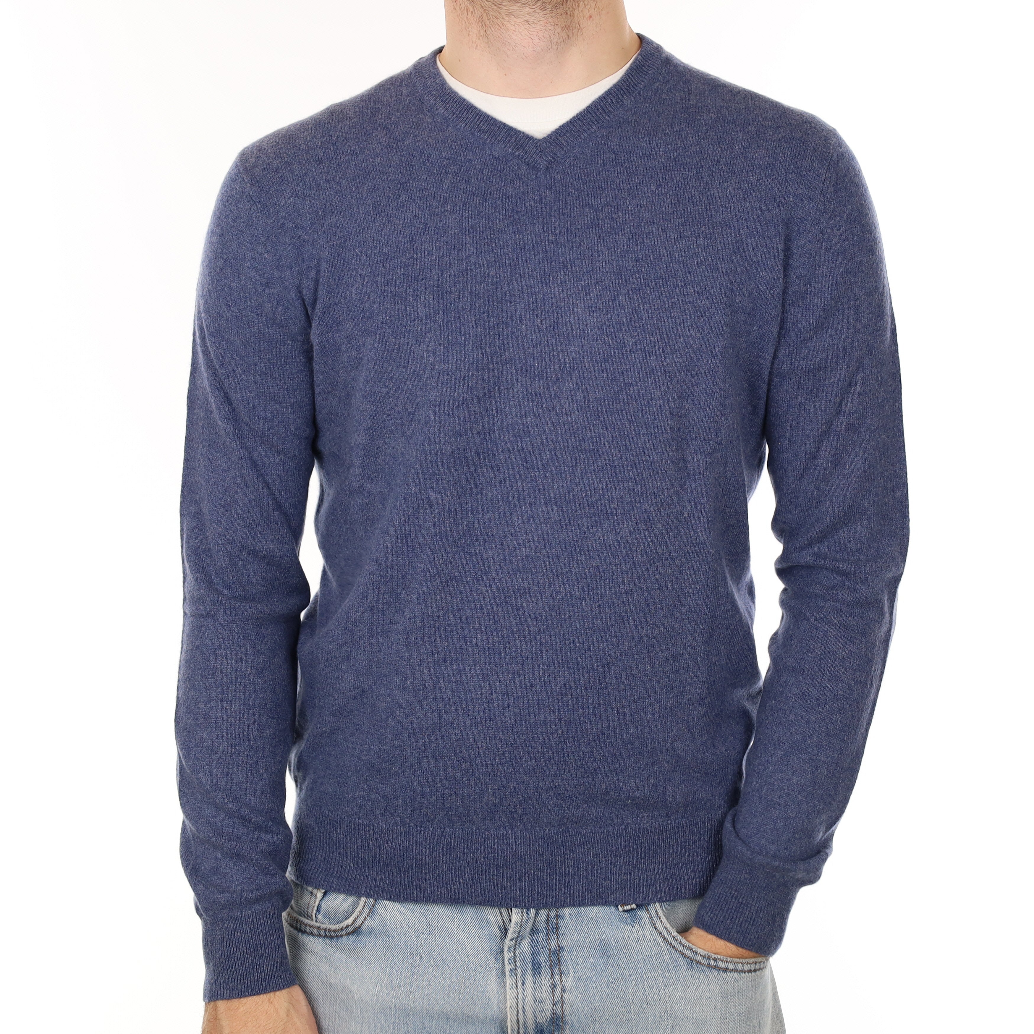 Men's Denim Blue Cashmere V Neck Jumper Medium