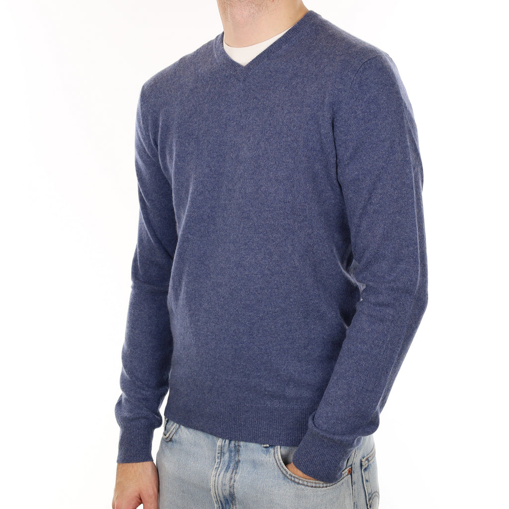 Men's Denim Blue Cashmere V Neck Jumper Medium