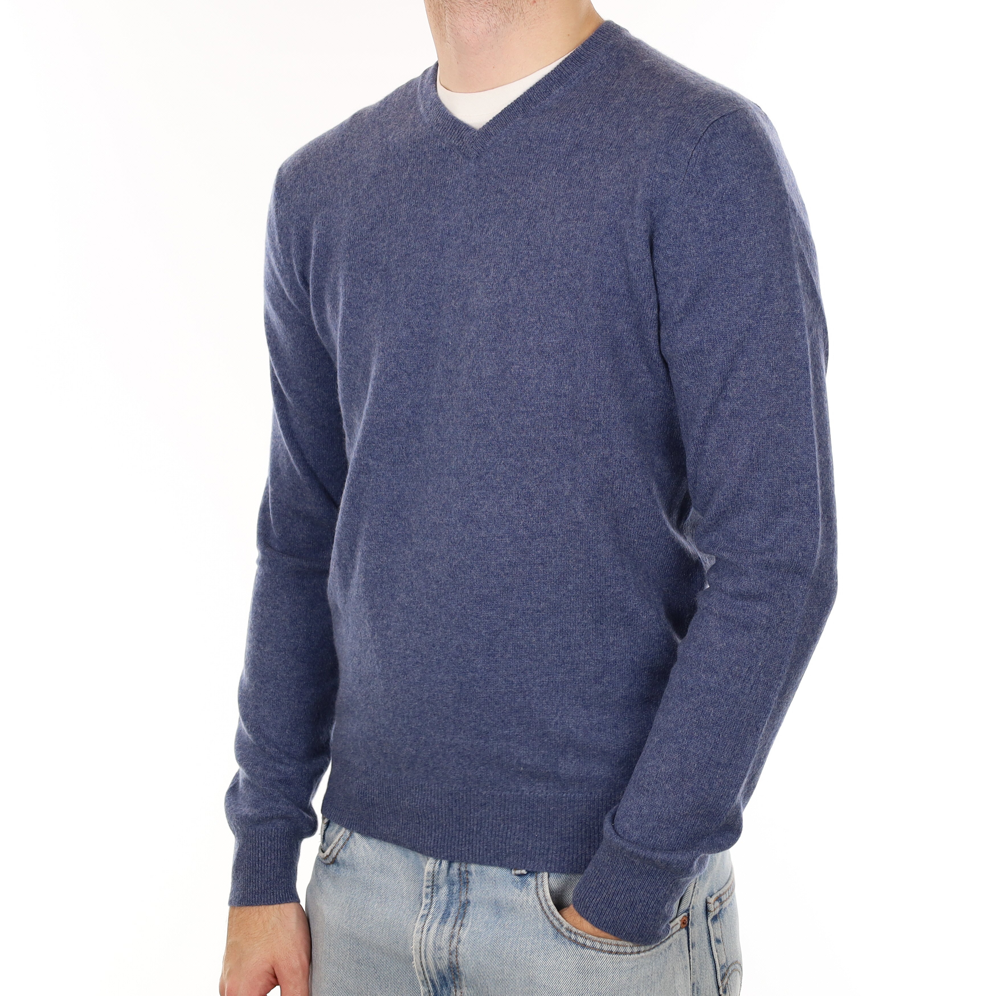 Men's Denim Blue Cashmere V Neck Jumper Medium