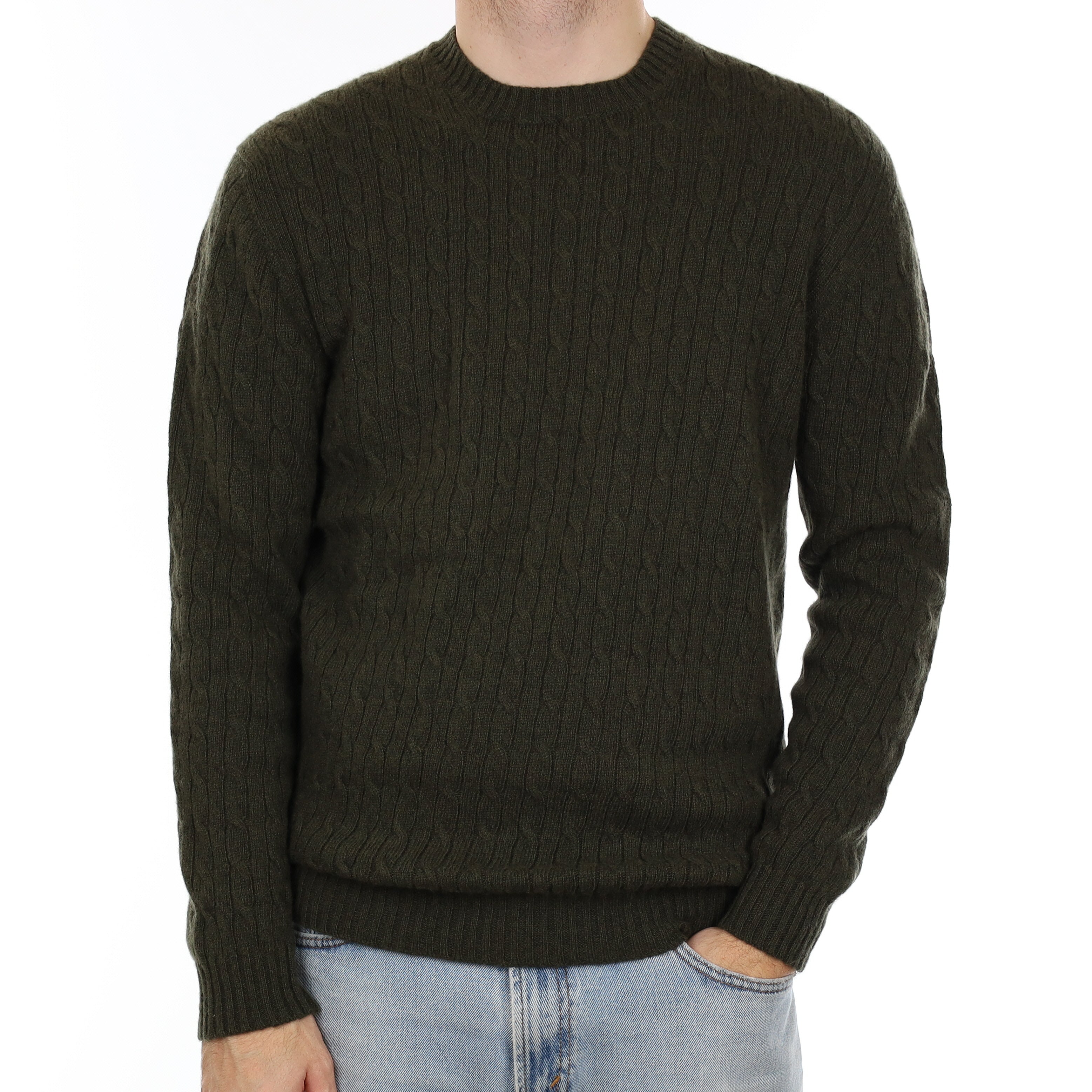 Men's Brand New Scottish Khaki Cable Cashmere Crew Neck Jumper Large
