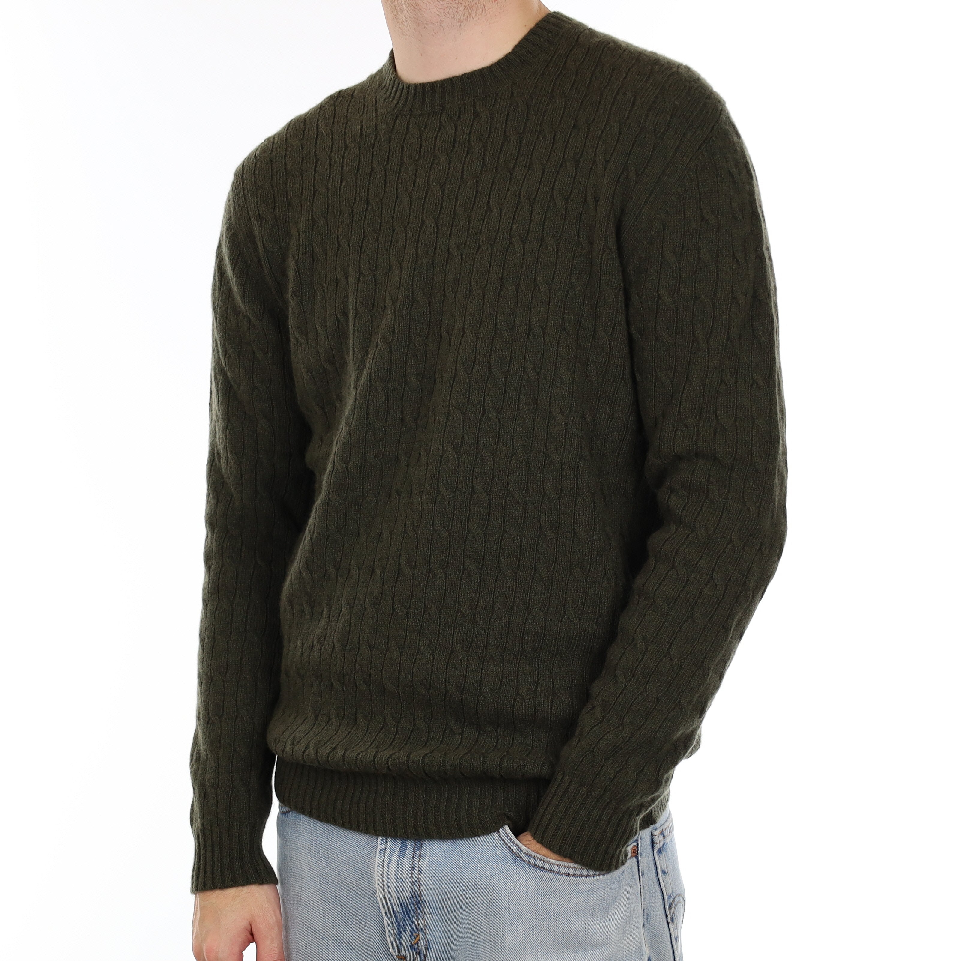 Men's Brand New Scottish Khaki Cable Cashmere Crew Neck Jumper Large