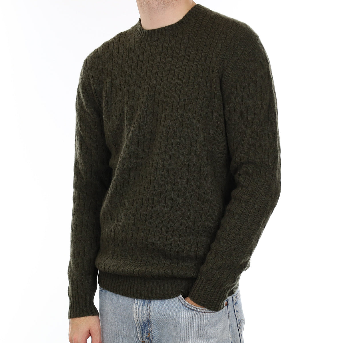 Men's Brand New Scottish Khaki Cable Cashmere Crew Neck Jumper Large