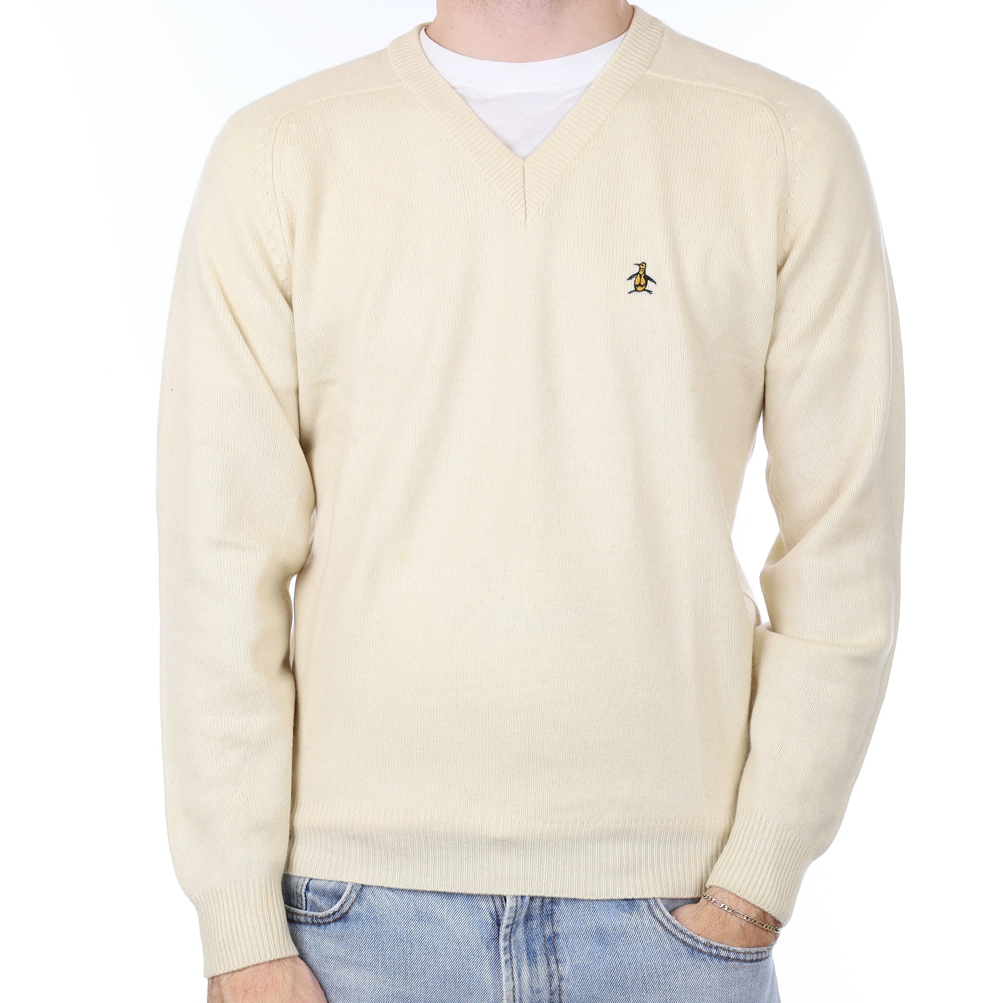 Men's Vanilla Cream Heavy Knit Cashmere V Neck Jumper Medium