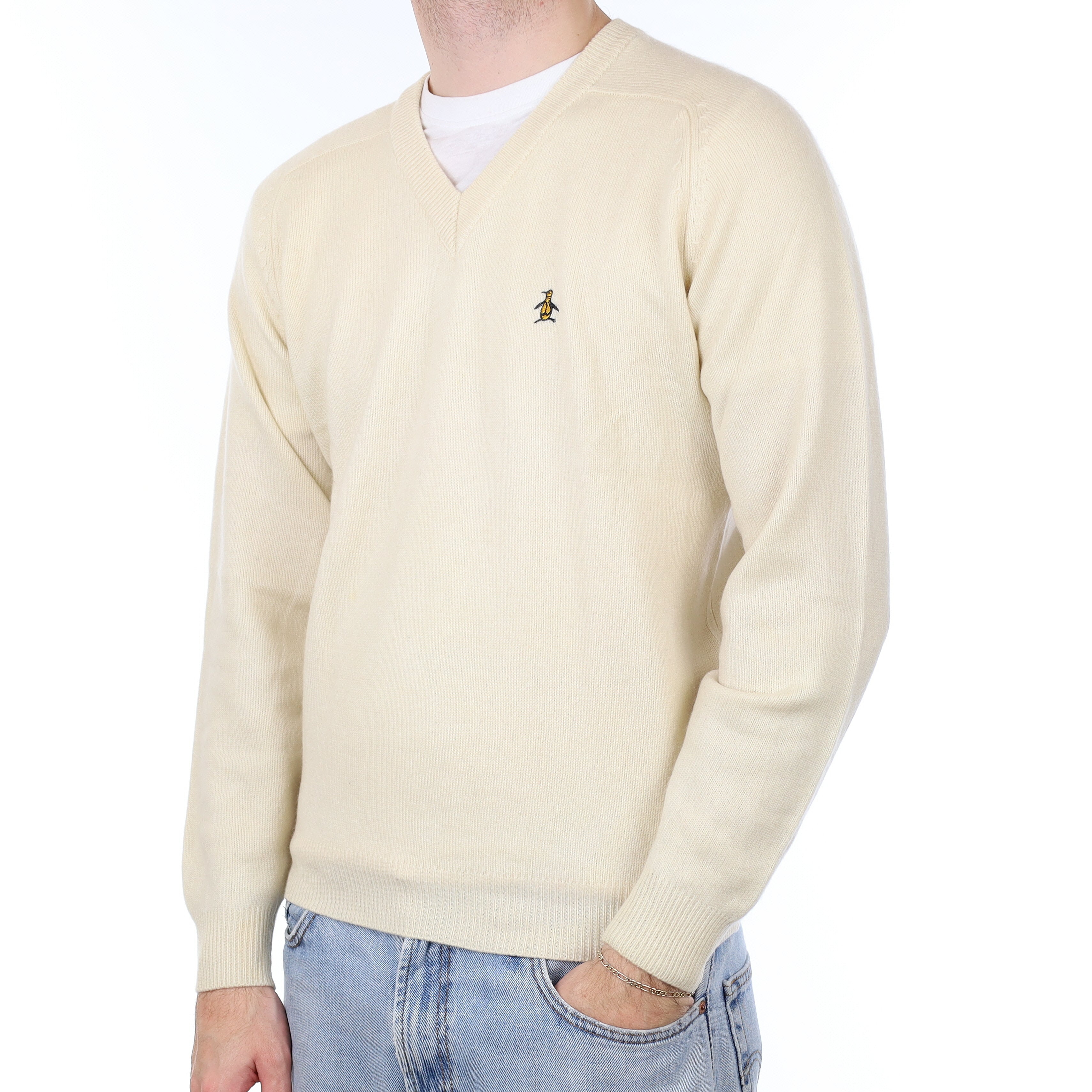 Men's Vanilla Cream Heavy Knit Cashmere V Neck Jumper Medium
