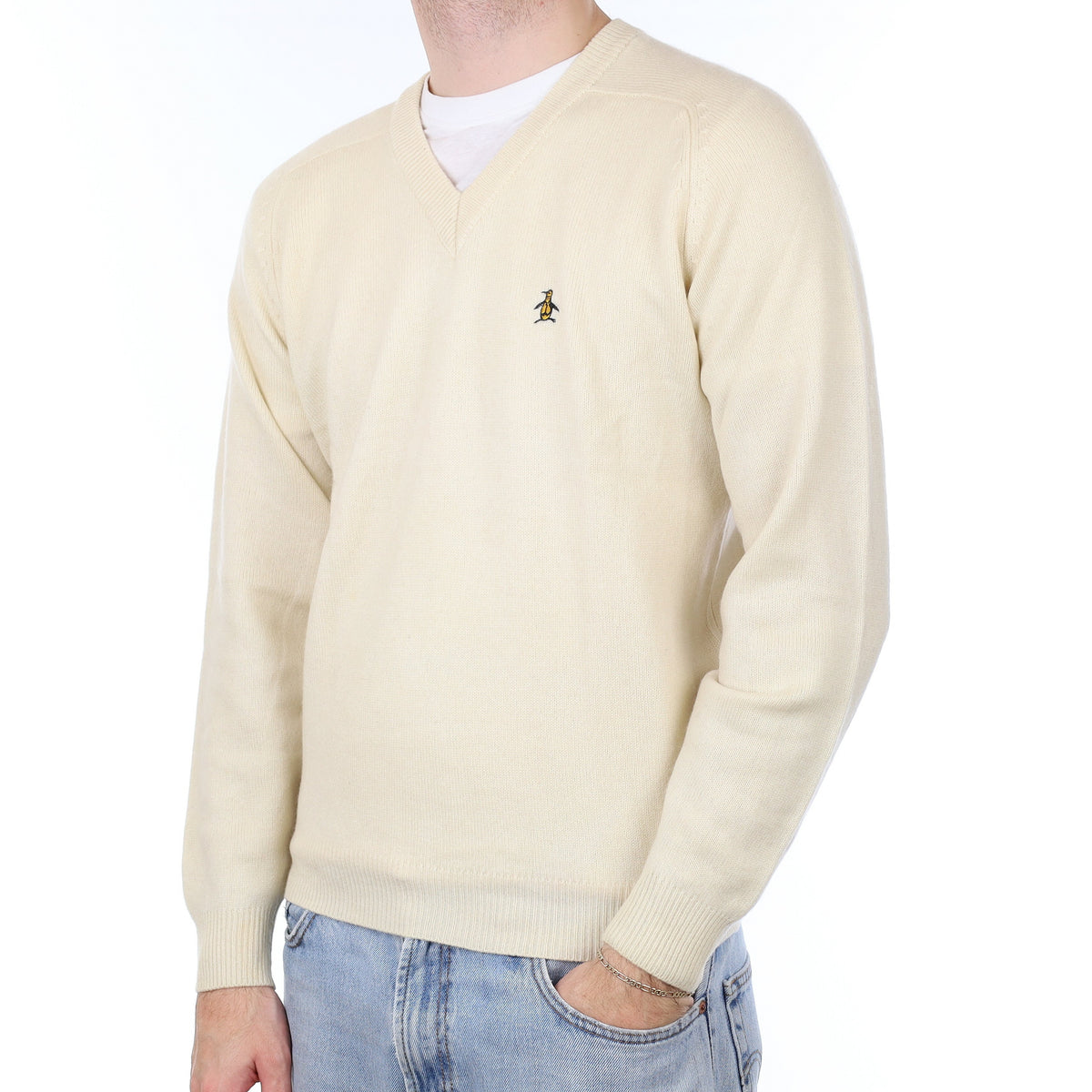 Men's Vanilla Cream Heavy Knit Cashmere V Neck Jumper Medium