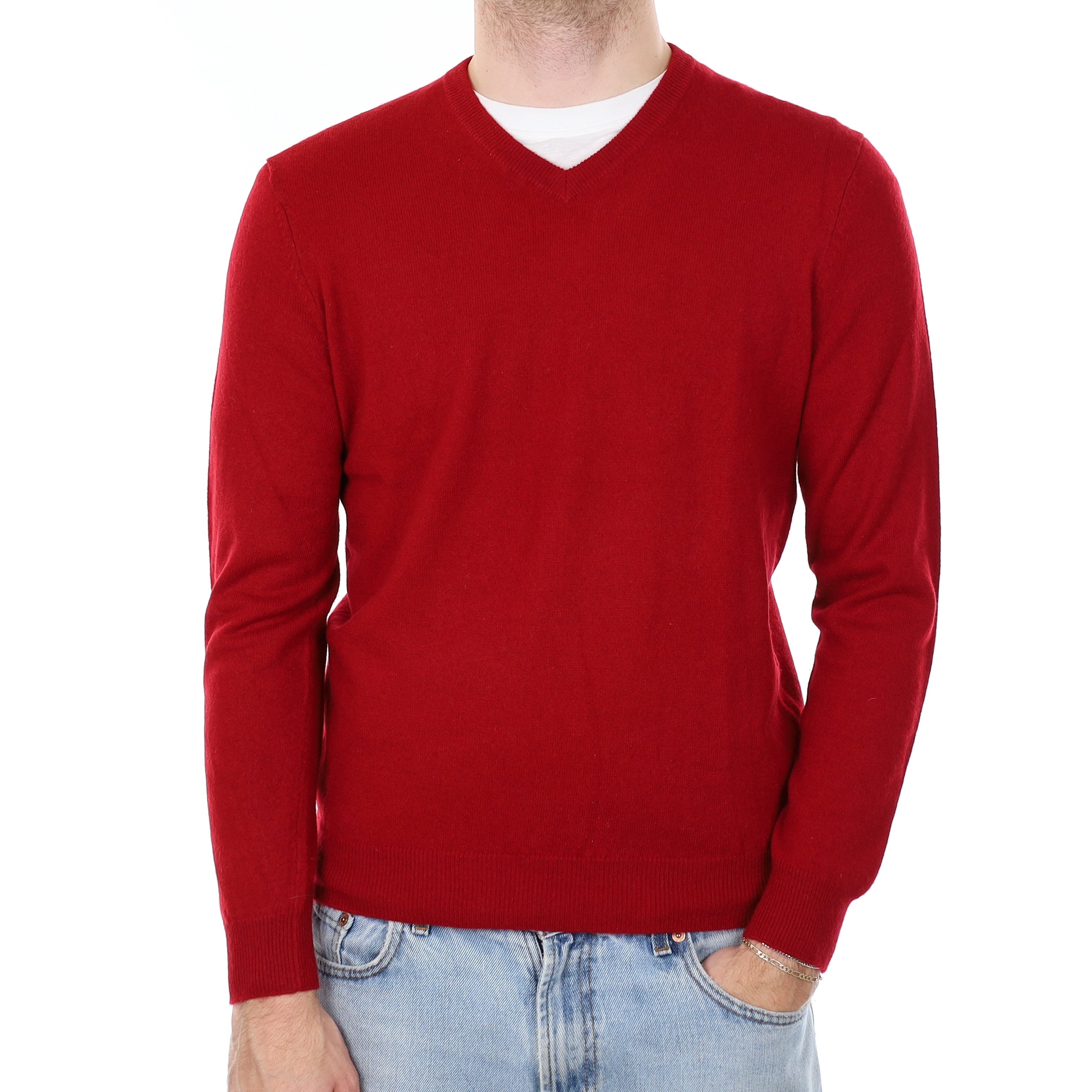 Men's Crimson Red Cashmere V Neck Jumper Medium