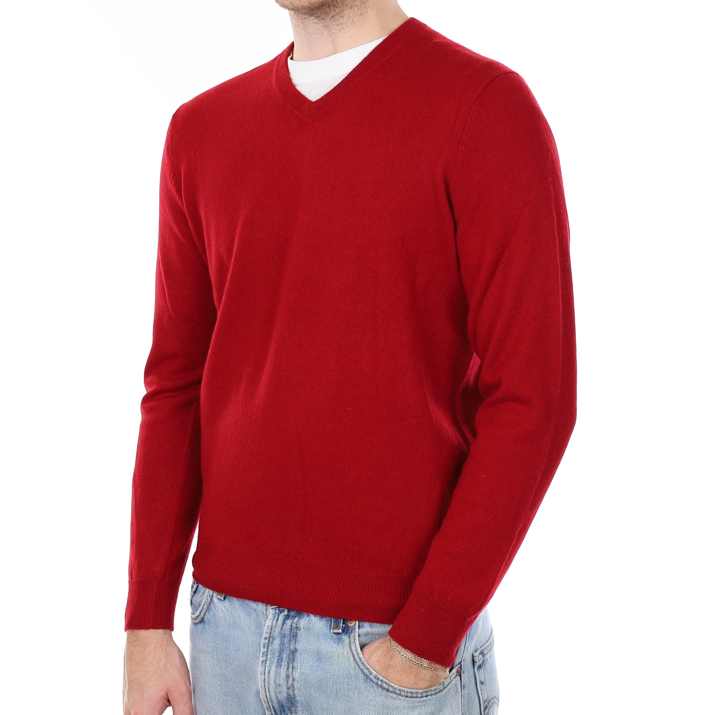 Men's Crimson Red Cashmere V Neck Jumper Medium