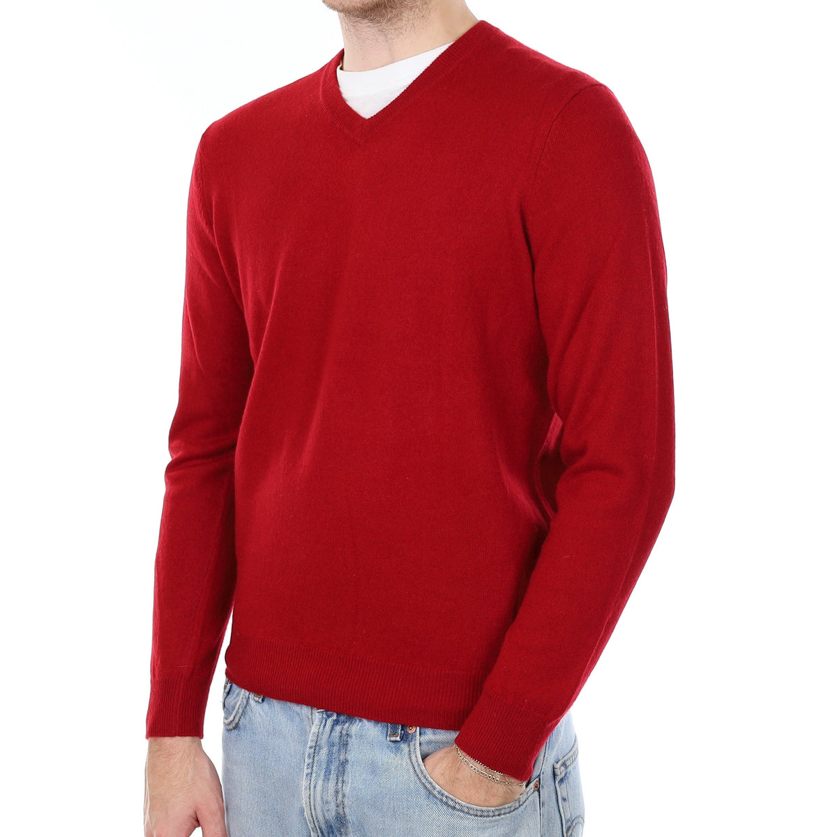 Men's Crimson Red Cashmere V Neck Jumper Medium