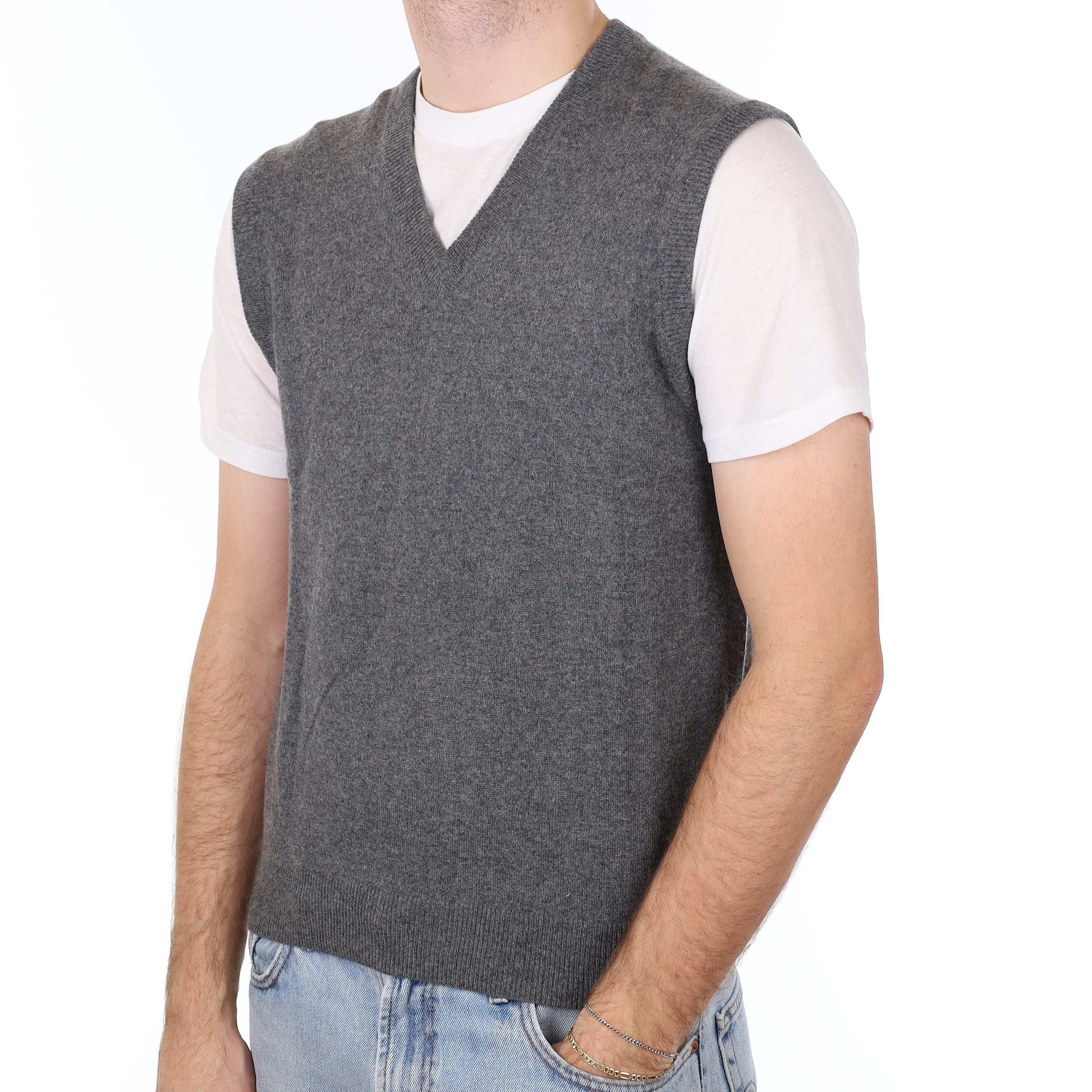 Men's Slate Grey Cashmere V Neck Tank Top Medium