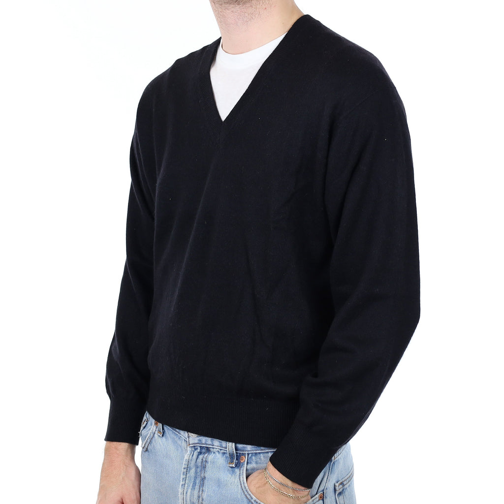 Men's Black Cashmere V Neck Jumper Medium