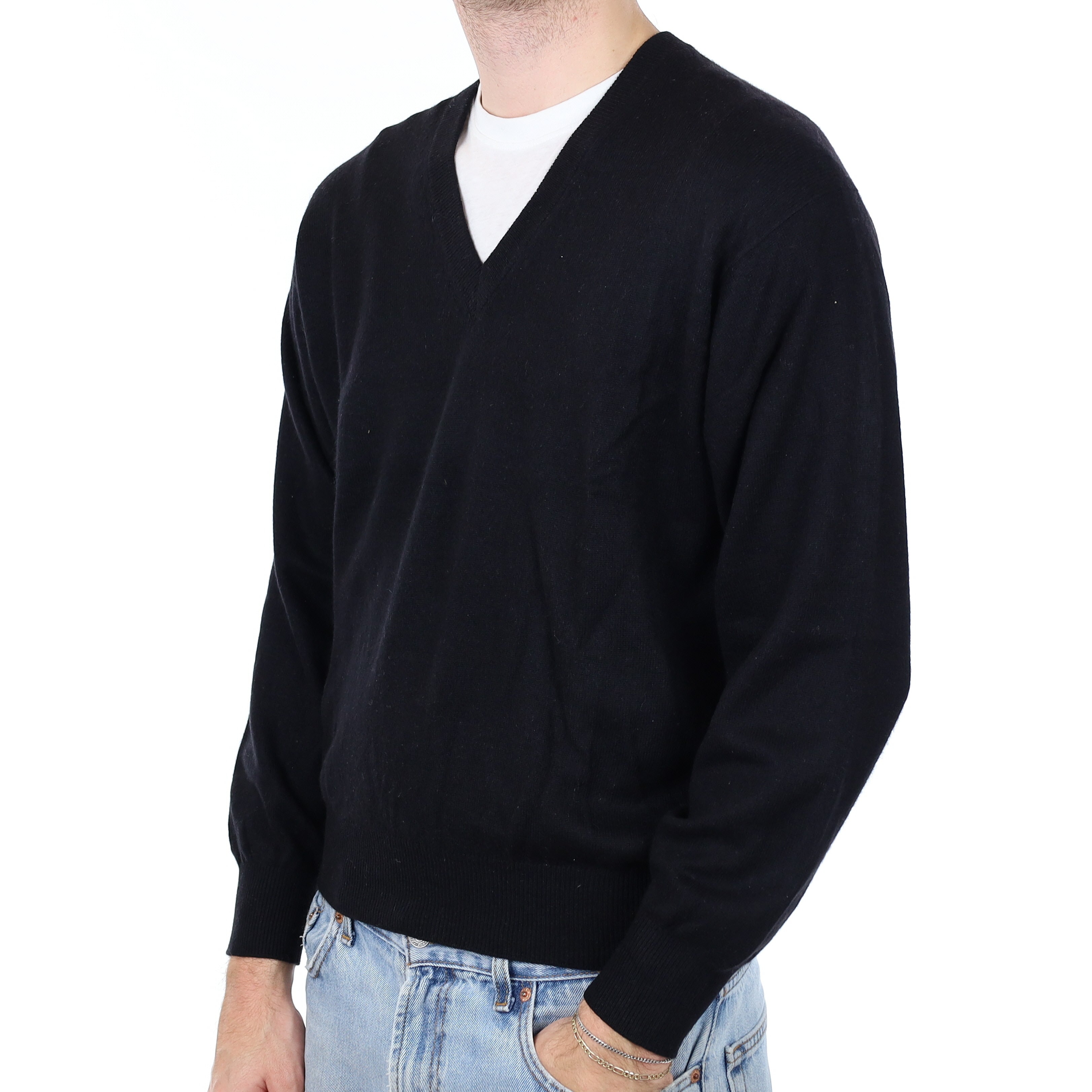 Men's Black Cashmere V Neck Jumper Medium