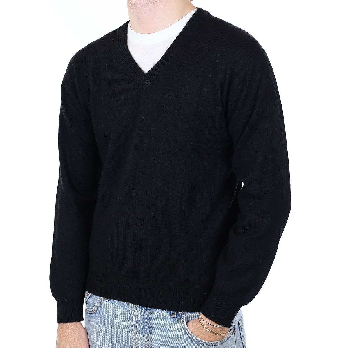 Men's Black Cashmere V Neck Jumper Medium