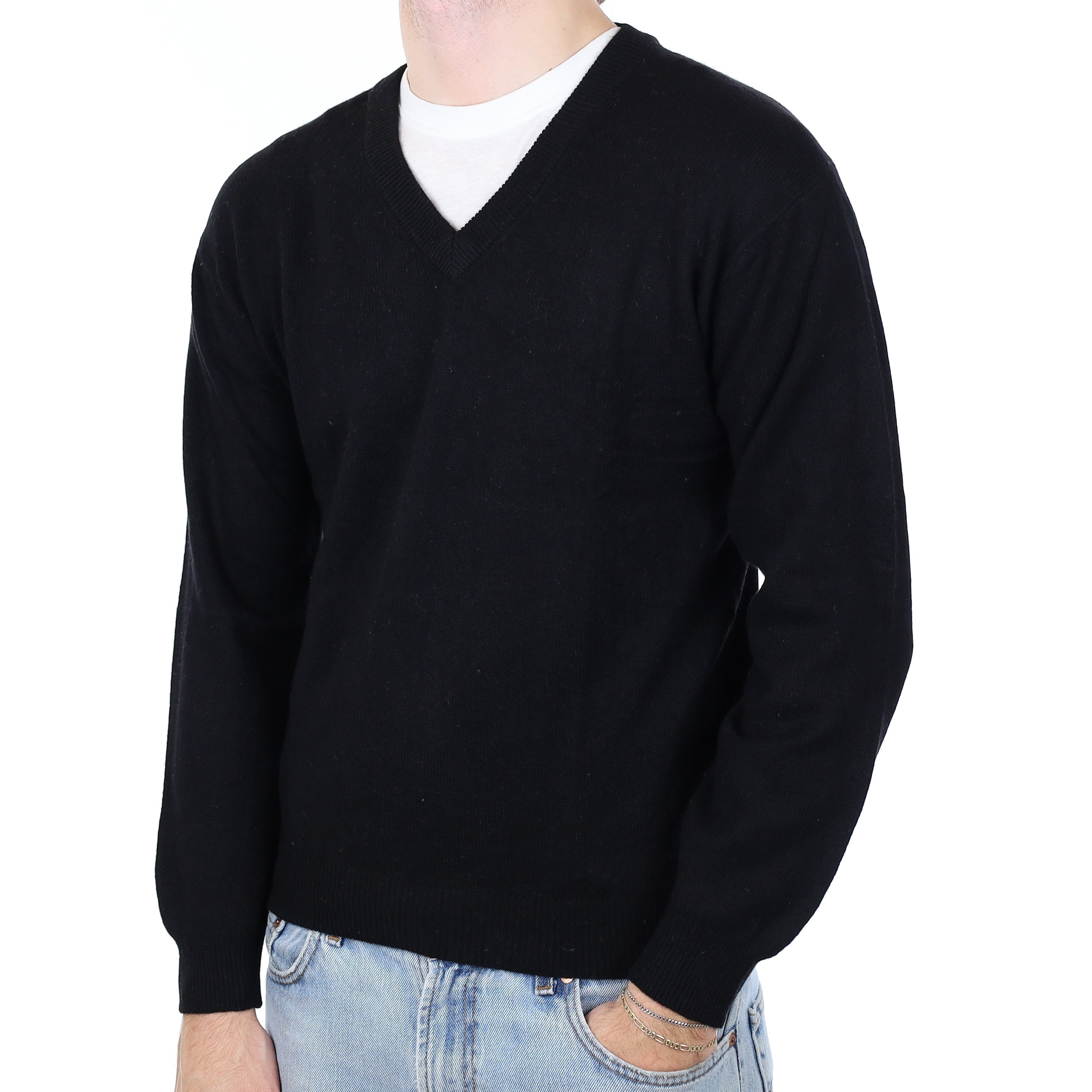 Men's Black Cashmere V Neck Jumper Medium