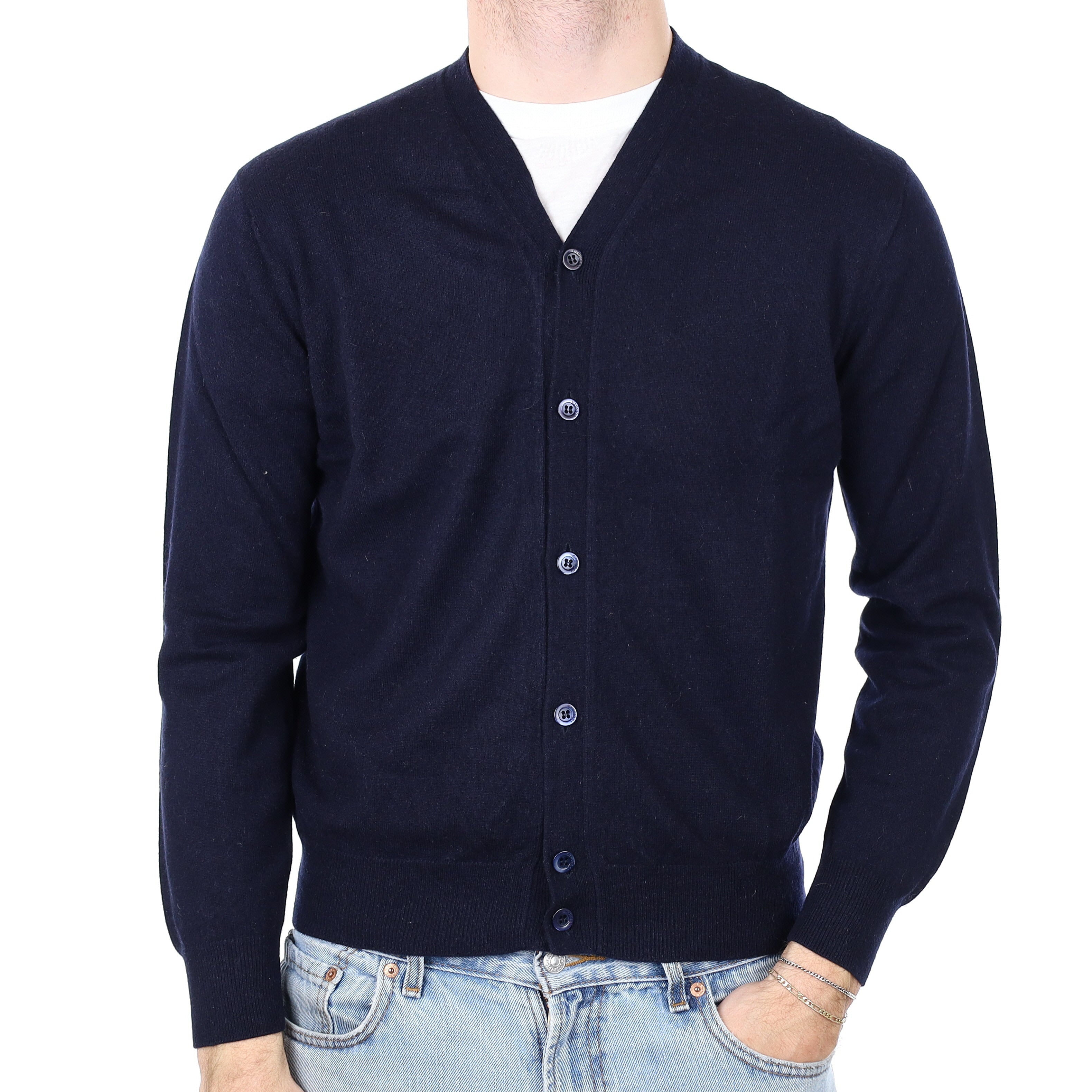 Men's Italian Navy Cashmere V Neck Cardigan Medium