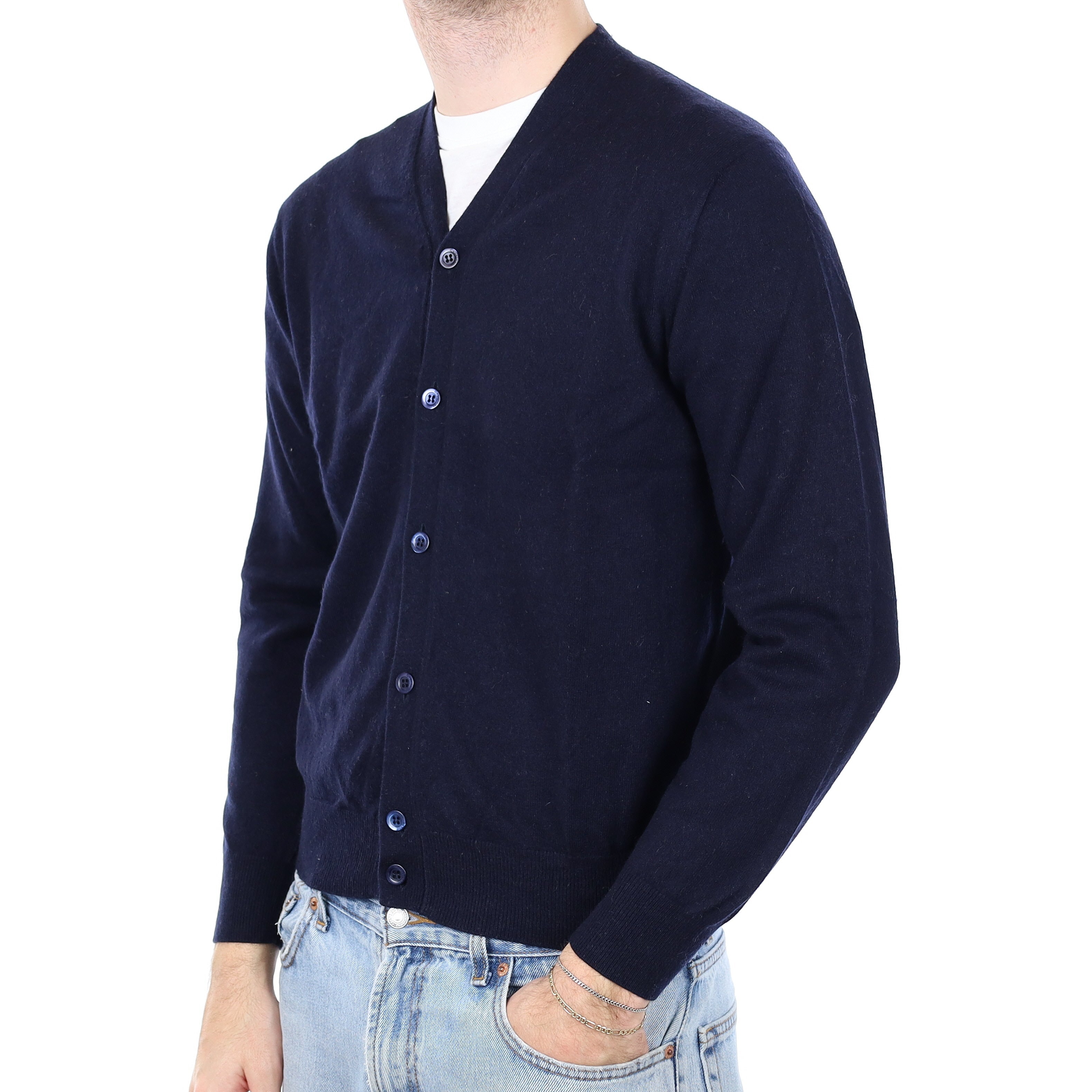 Men's Italian Navy Cashmere V Neck Cardigan Medium