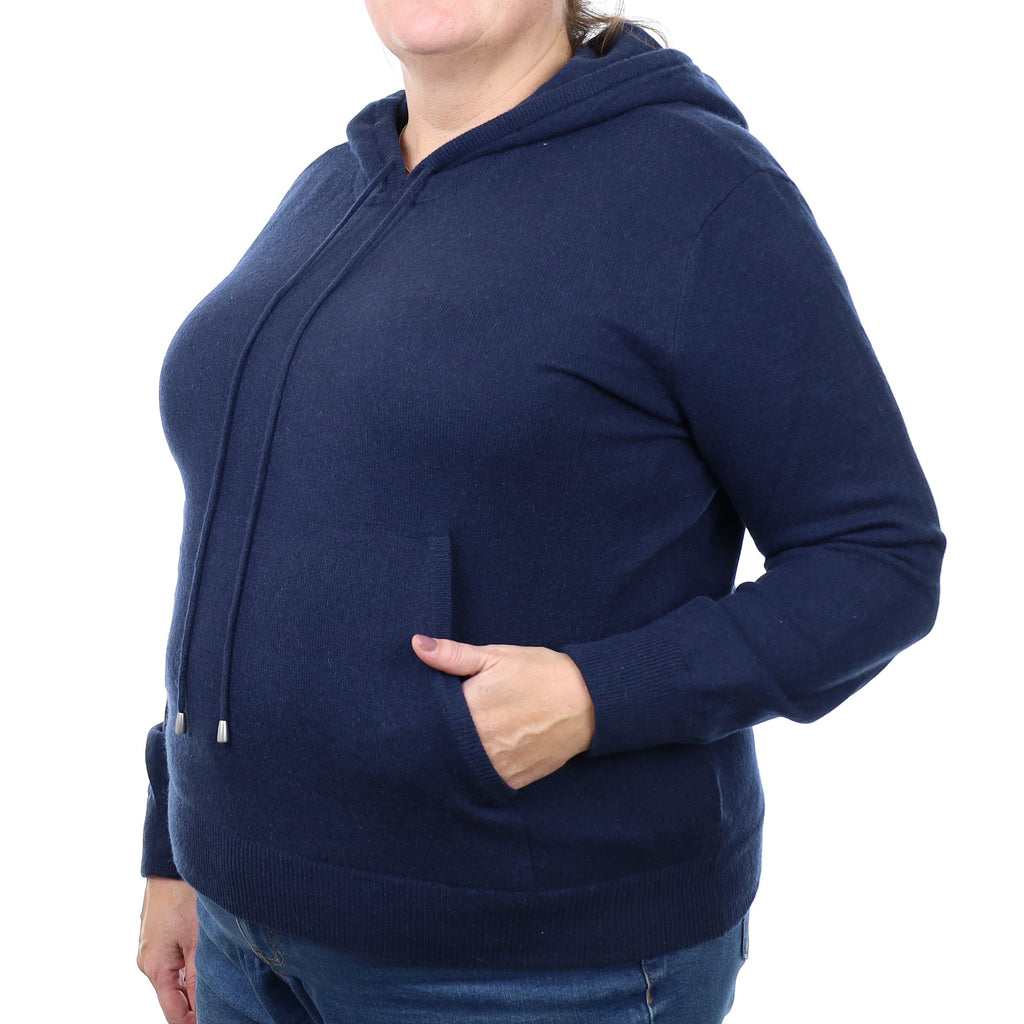 Navy Cashmere Hoodie Jumper with Pocket Extra Large