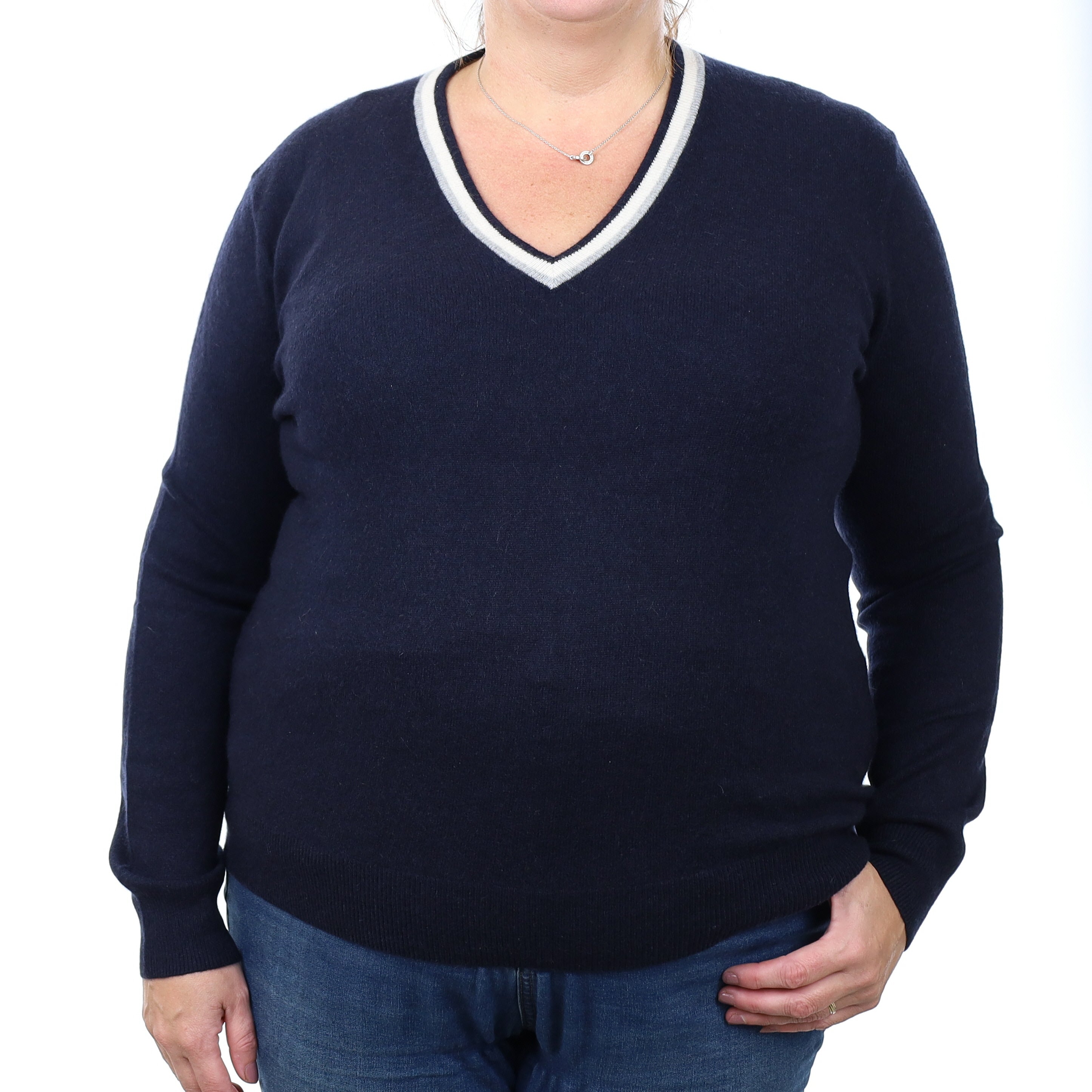 Navy Ivory Trimmed Cashmere V Neck Jumper Extra Large