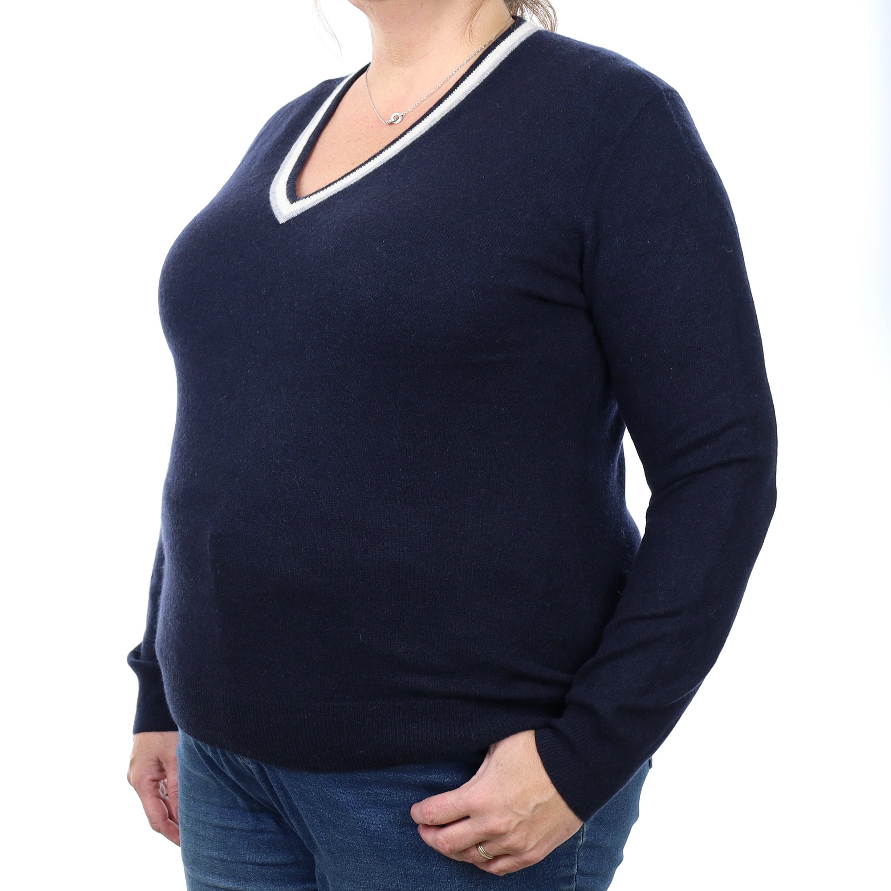 Navy Ivory Trimmed Cashmere V Neck Jumper Extra Large