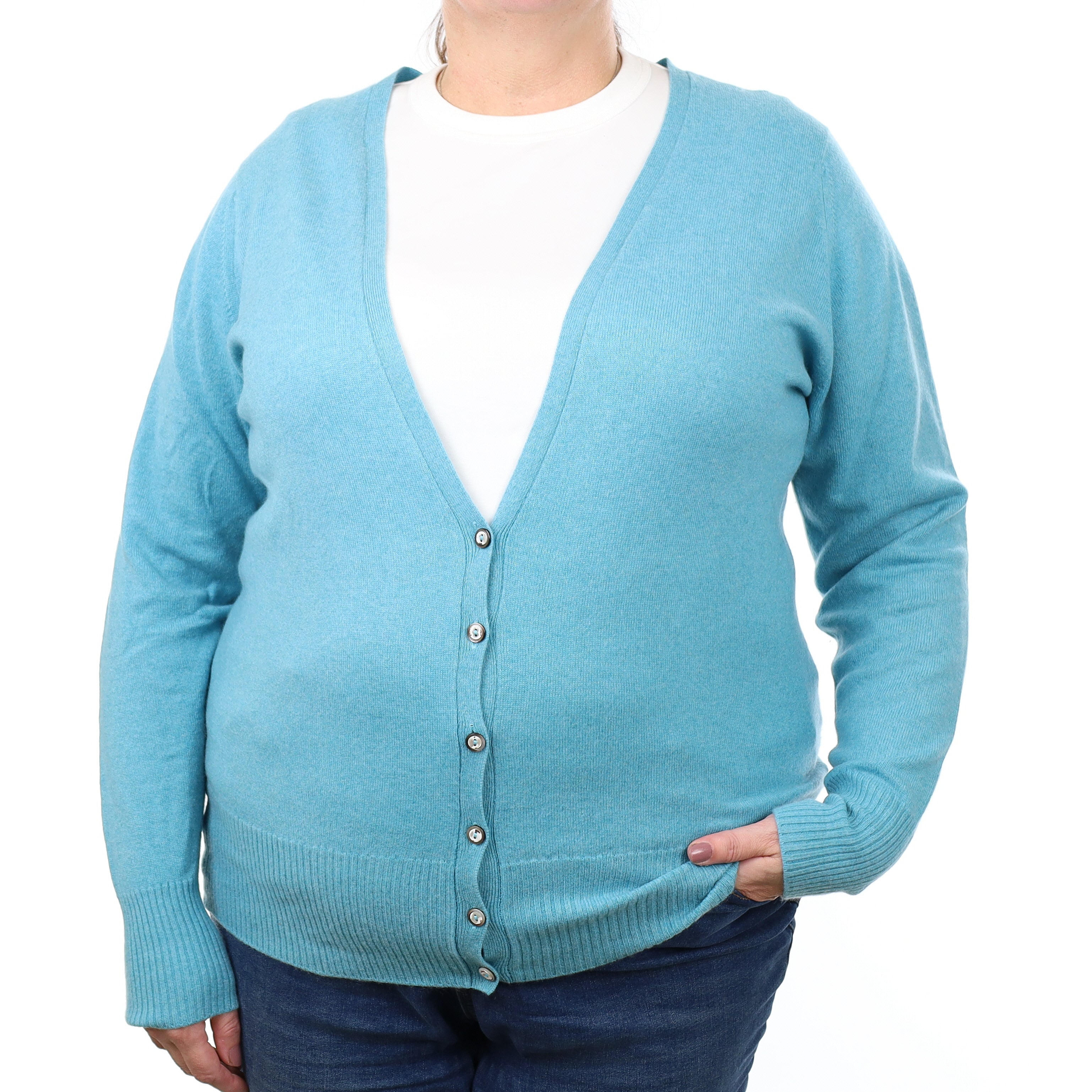 Brora Turquoise Blue Cashmere V Neck Cardigan Extra Large