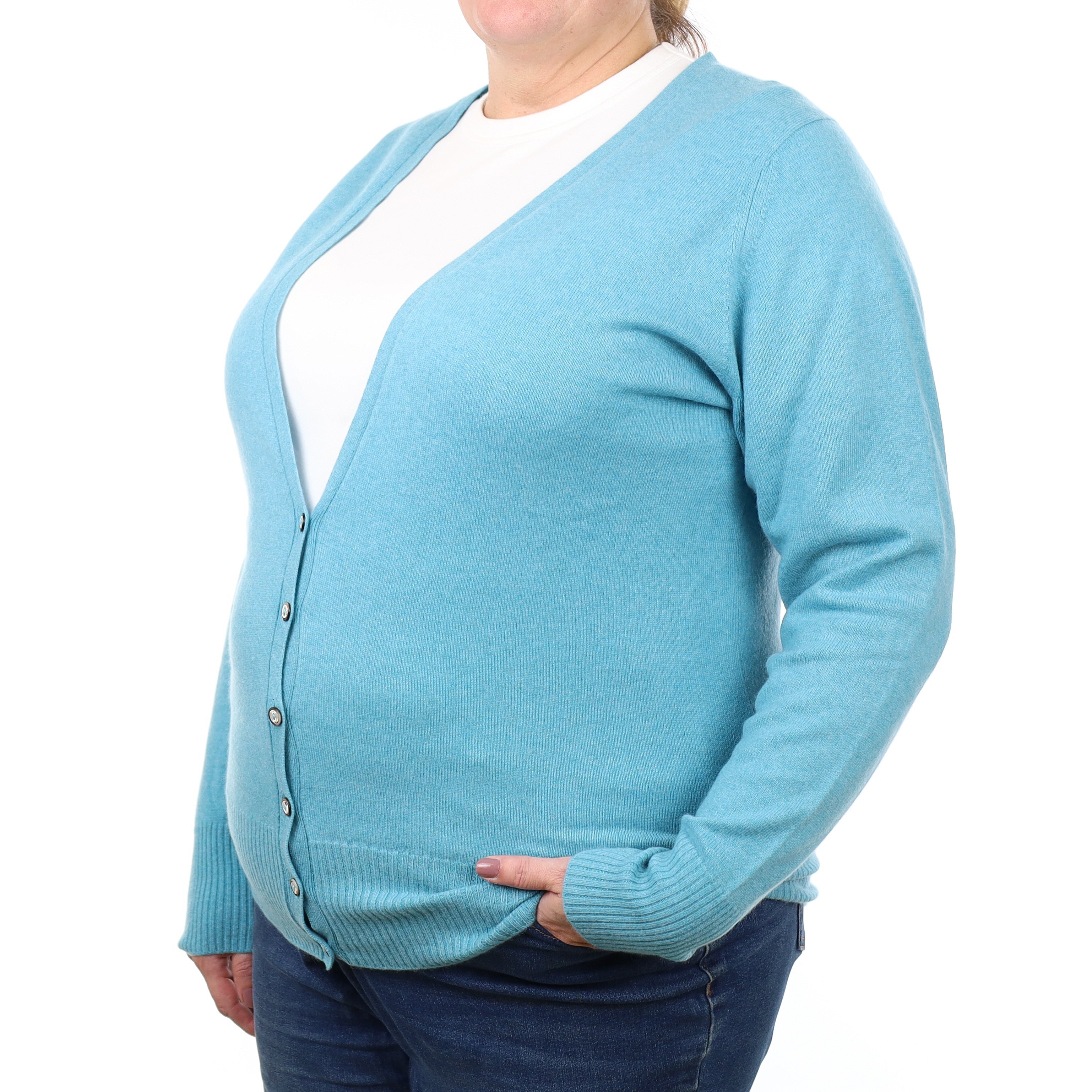 Brora Turquoise Blue Cashmere V Neck Cardigan Extra Large