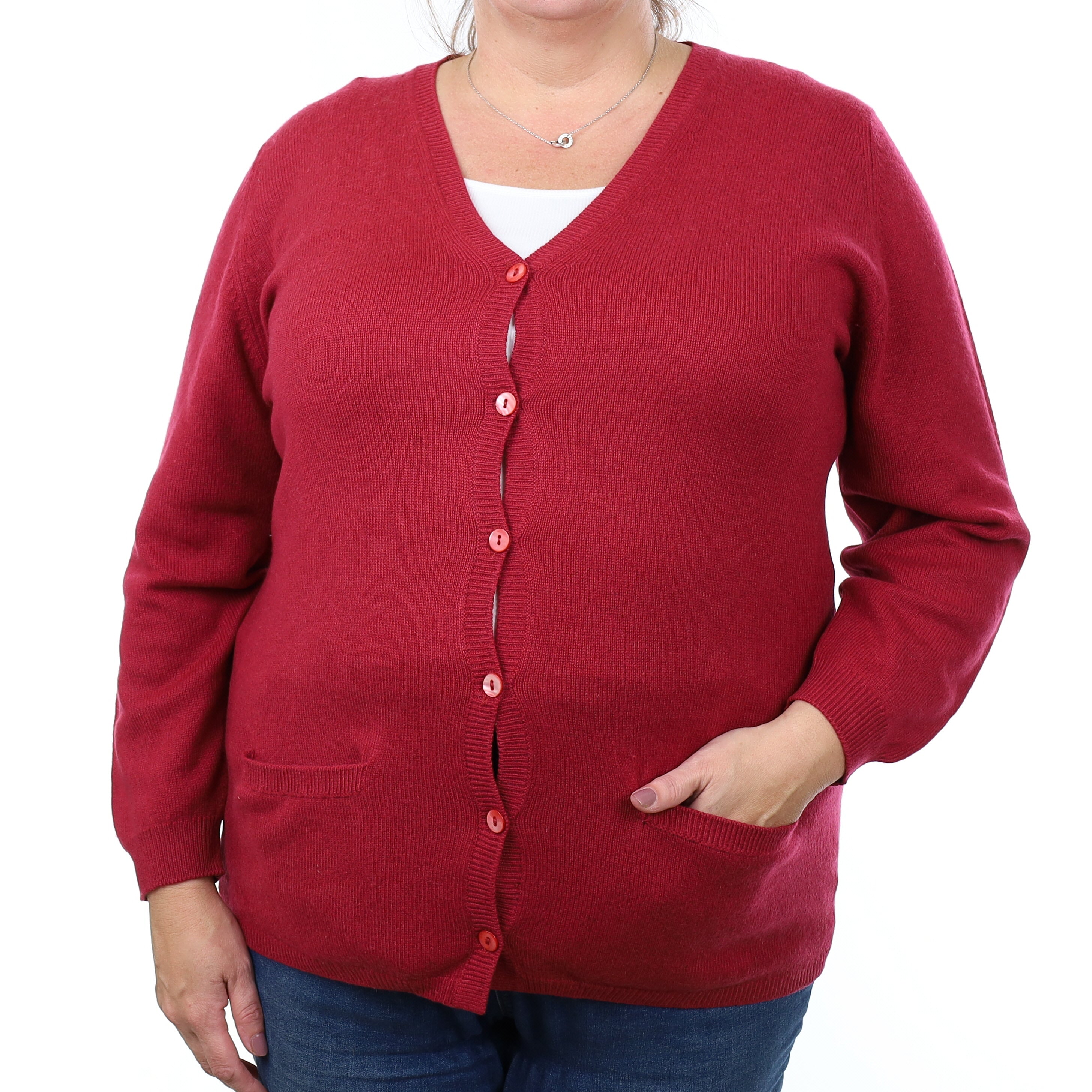 Sherry Red Cashmere Longline V Neck Cardigan with Pockets Extra Large