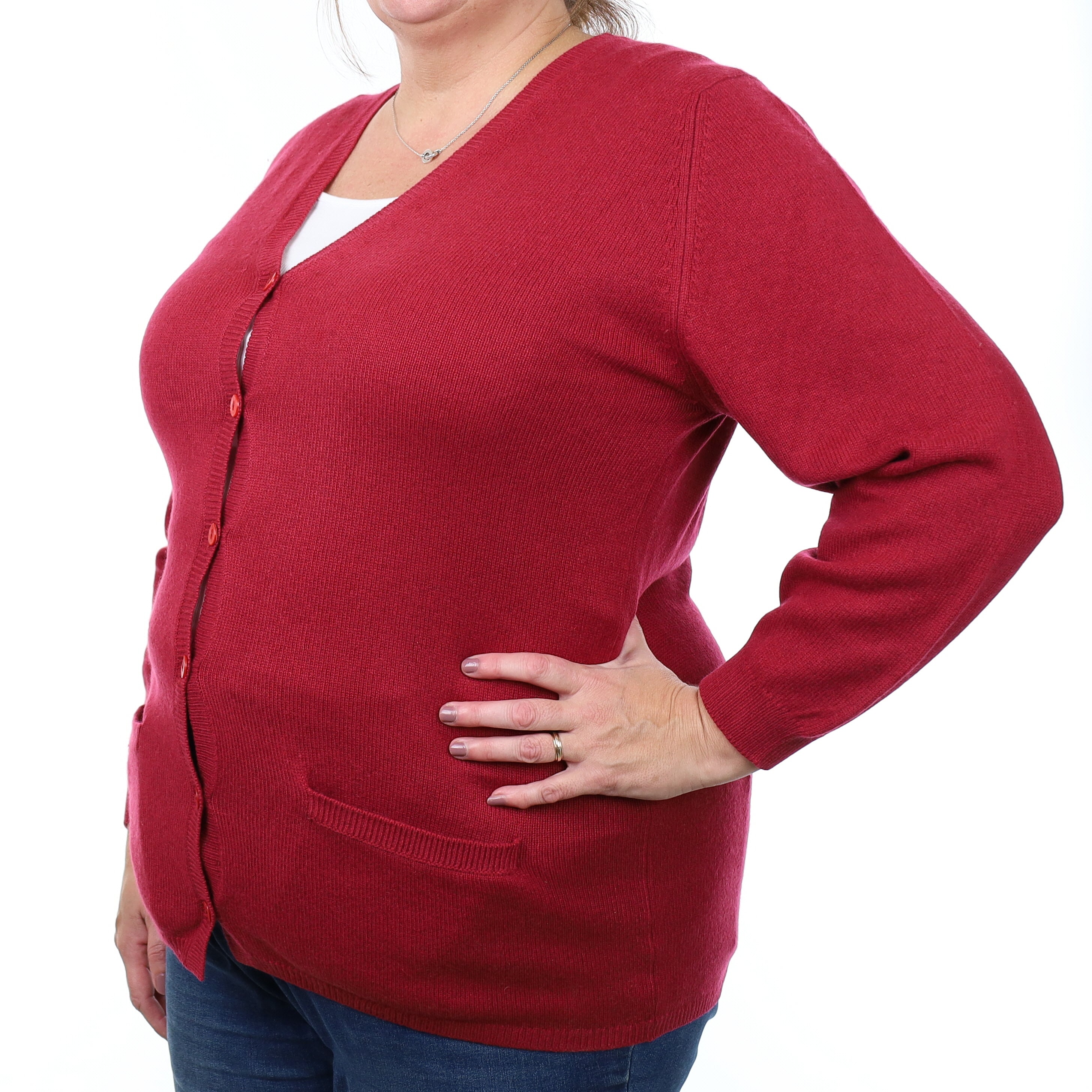 Sherry Red Cashmere Longline V Neck Cardigan with Pockets Extra Large
