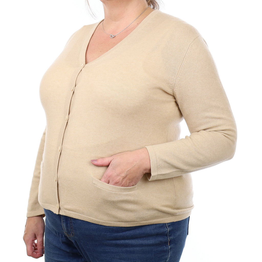 Beige Cashmere V Neck Cardigan with Pockets Extra Large
