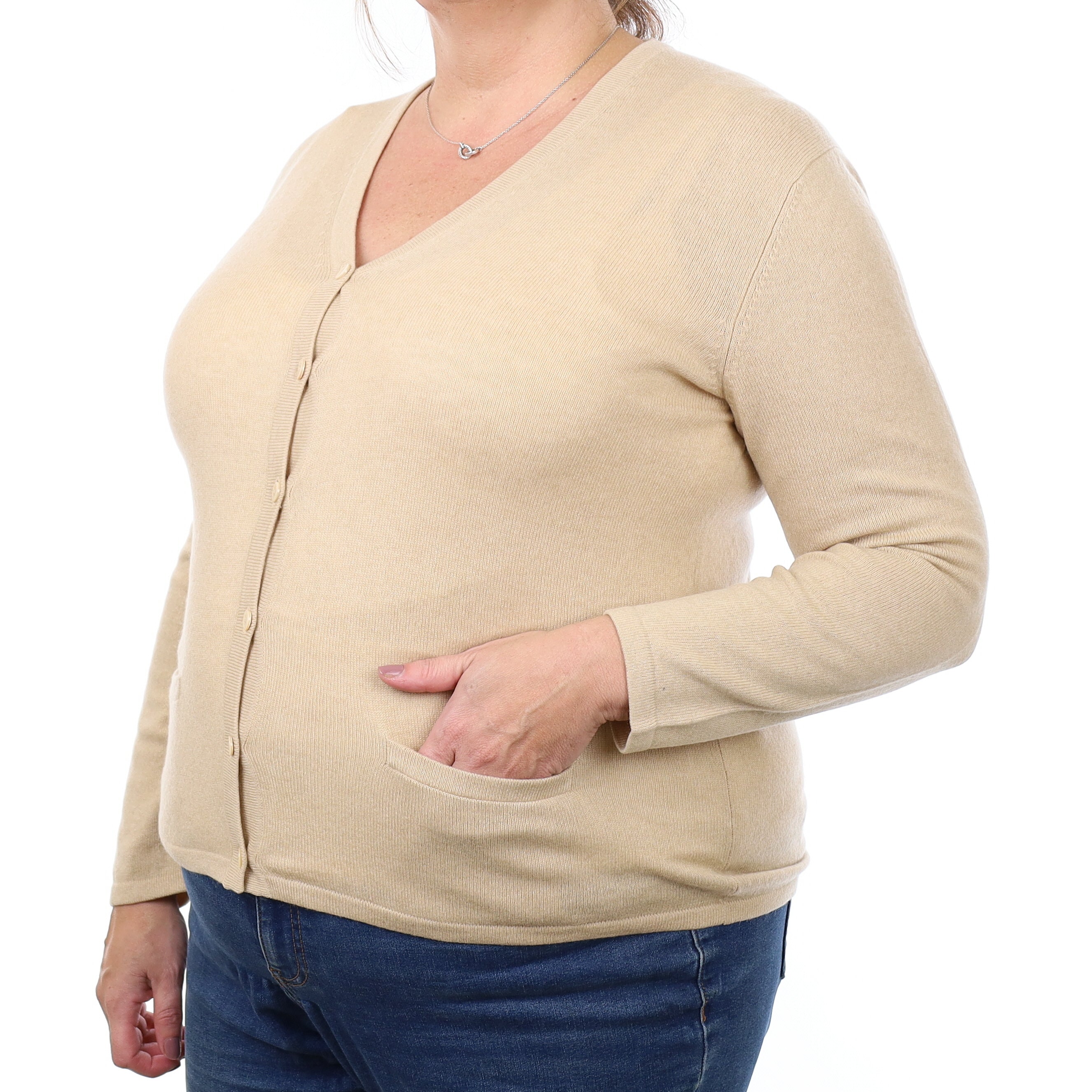 Beige Cashmere V Neck Cardigan with Pockets Extra Large