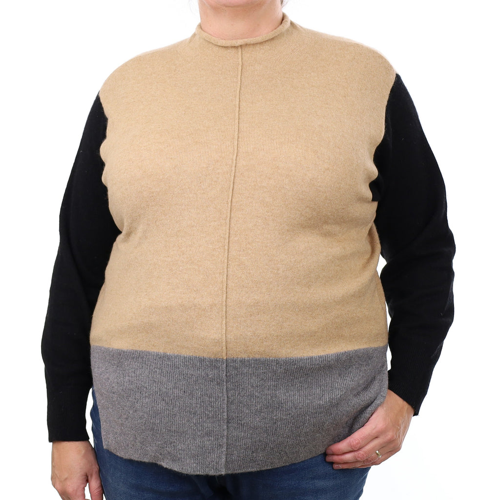 Camel Colour Block Cashmere Turtle Neck Jumper Extra Large
