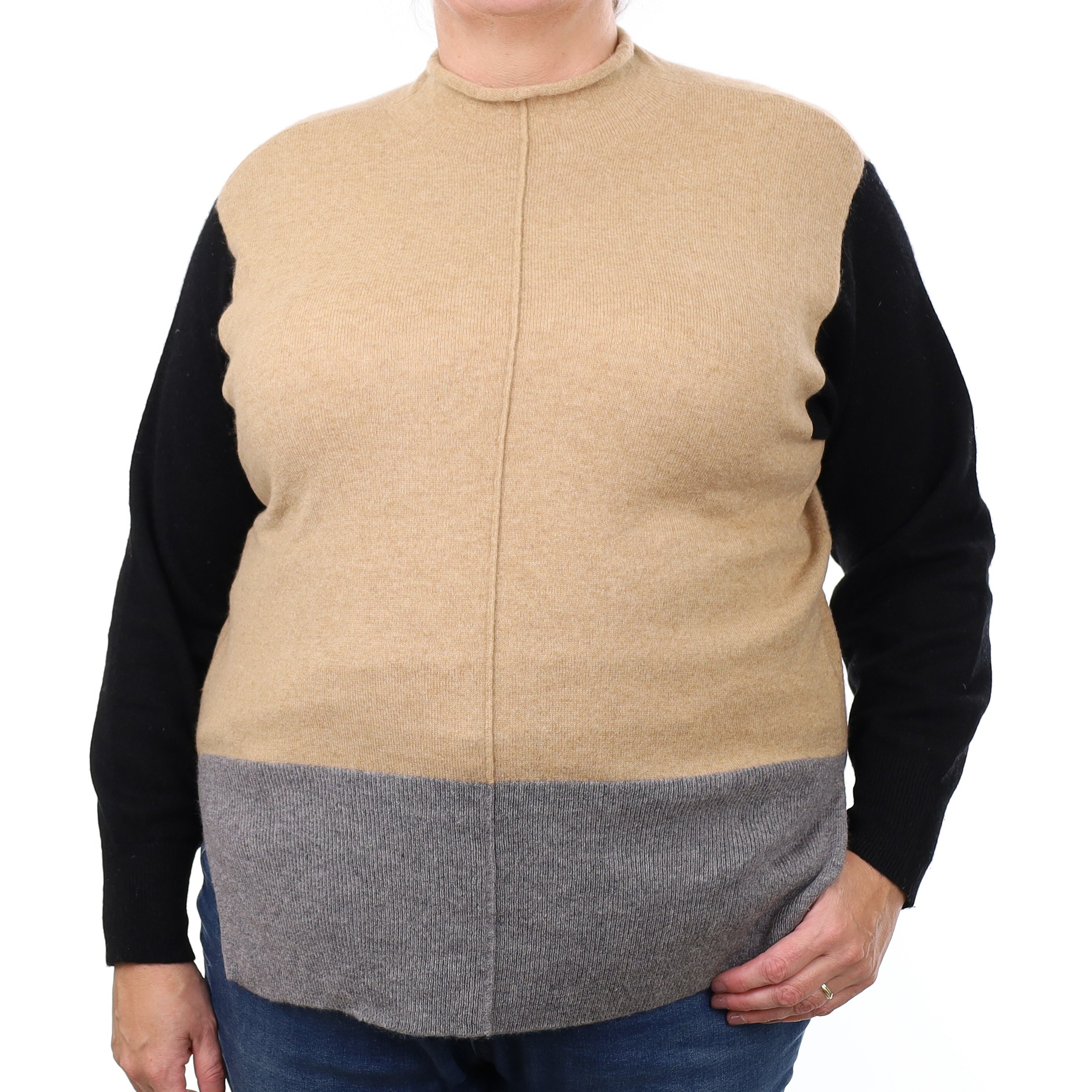 Camel Colour Block Cashmere Turtle Neck Jumper Extra Large