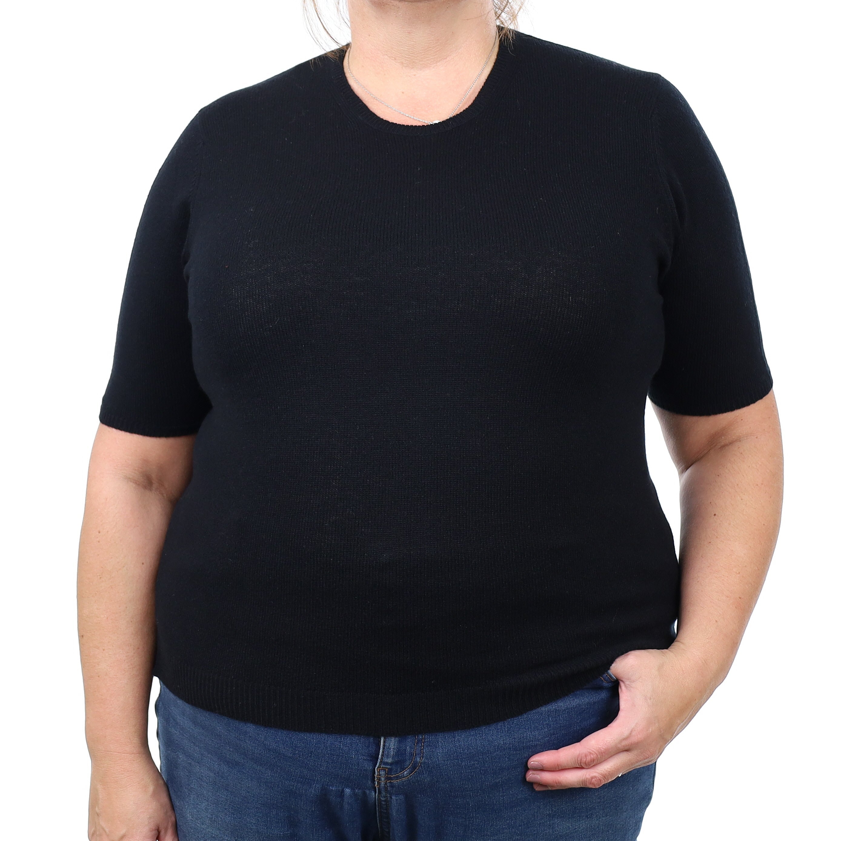 Brand New Scottish Black Cashmere Short Sleeved Crew Neck Jumper Extra Large