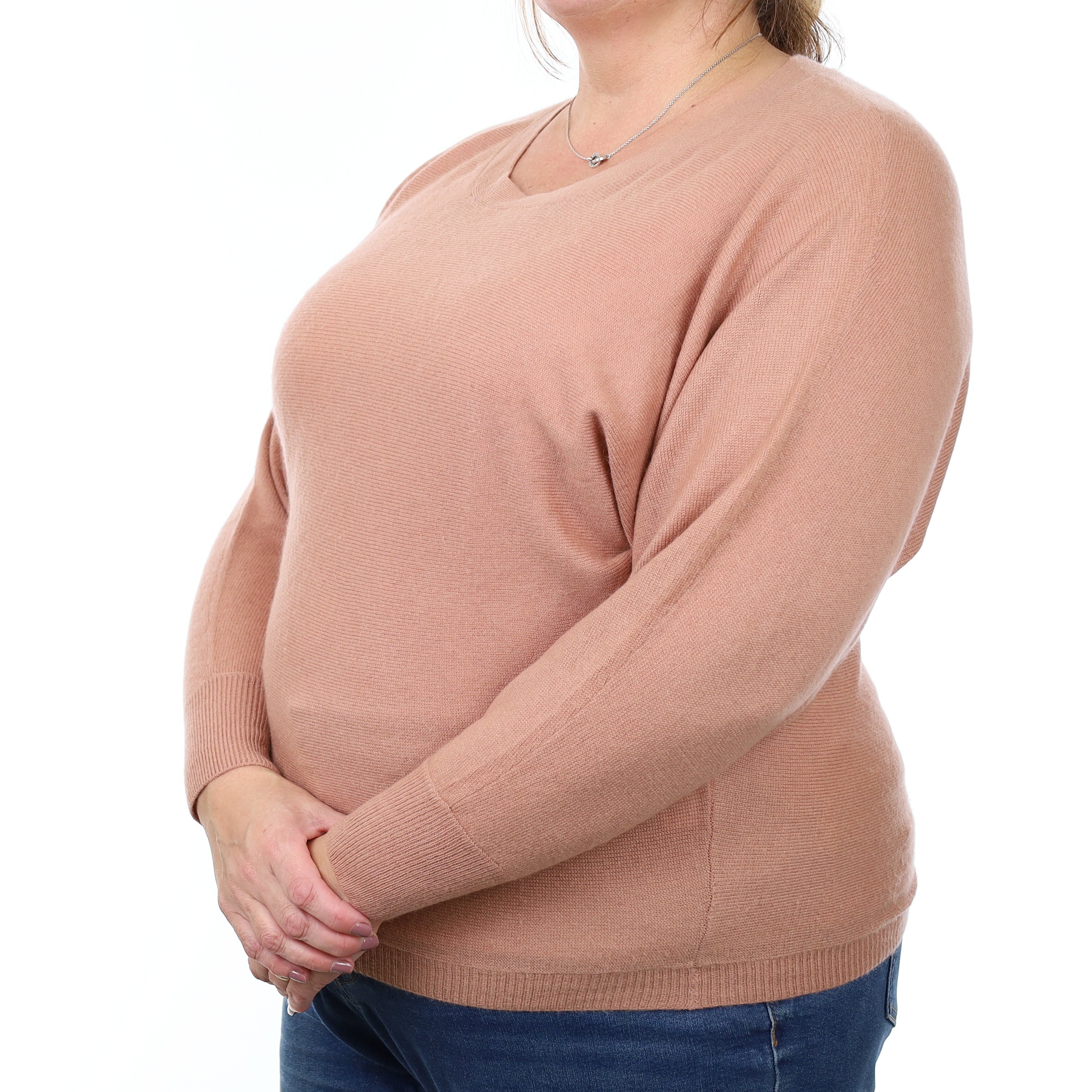 Dusty Rose Pink Cashmere Batwing Crew Neck Jumper Extra Large